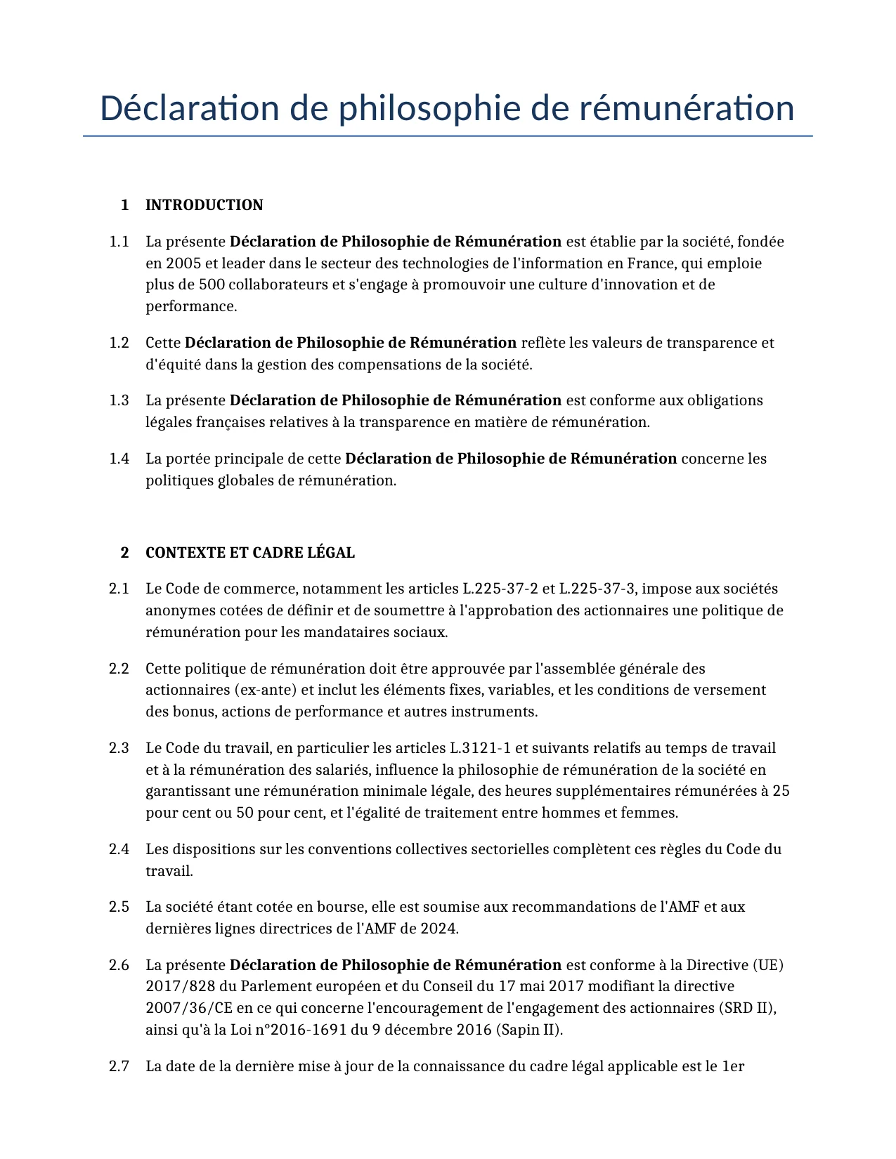 Exemple d'un Déclaration de philosophie de rémunération à utiliser dans la France généré par notre modèle d'IA.