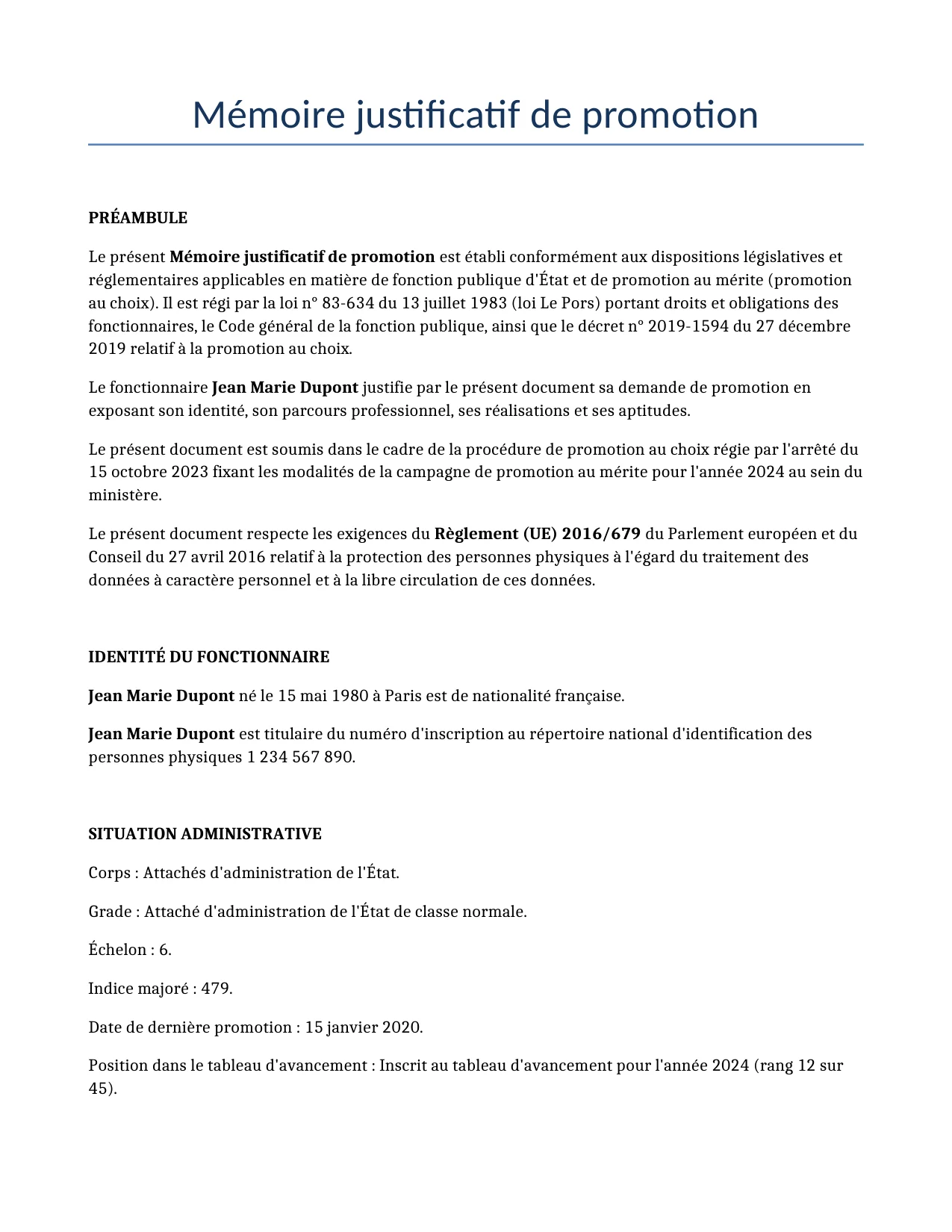 Exemple d'un Mémoire justificatif de promotion à utiliser dans la France généré par notre modèle d'IA.