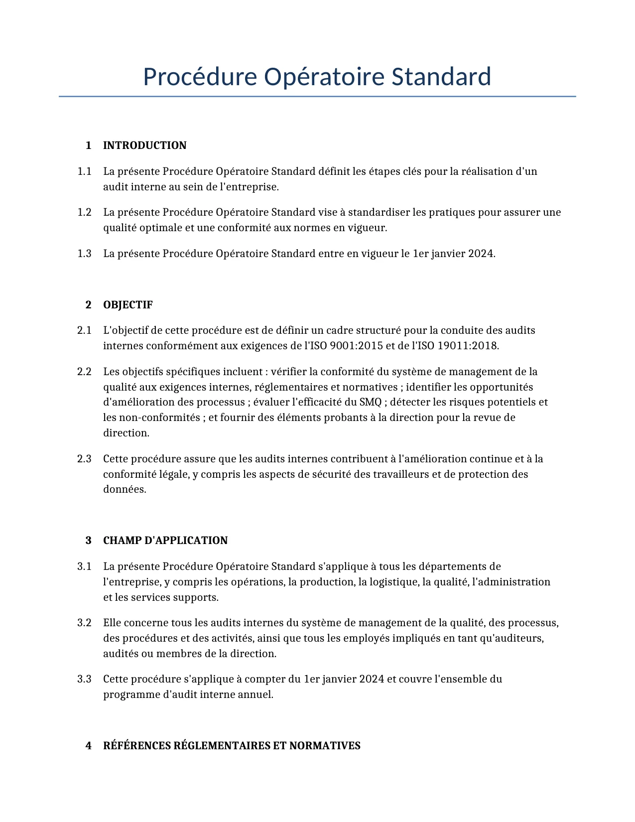 Exemple d'un Procédure Opératoire Standard à utiliser dans la France généré par notre modèle d'IA.