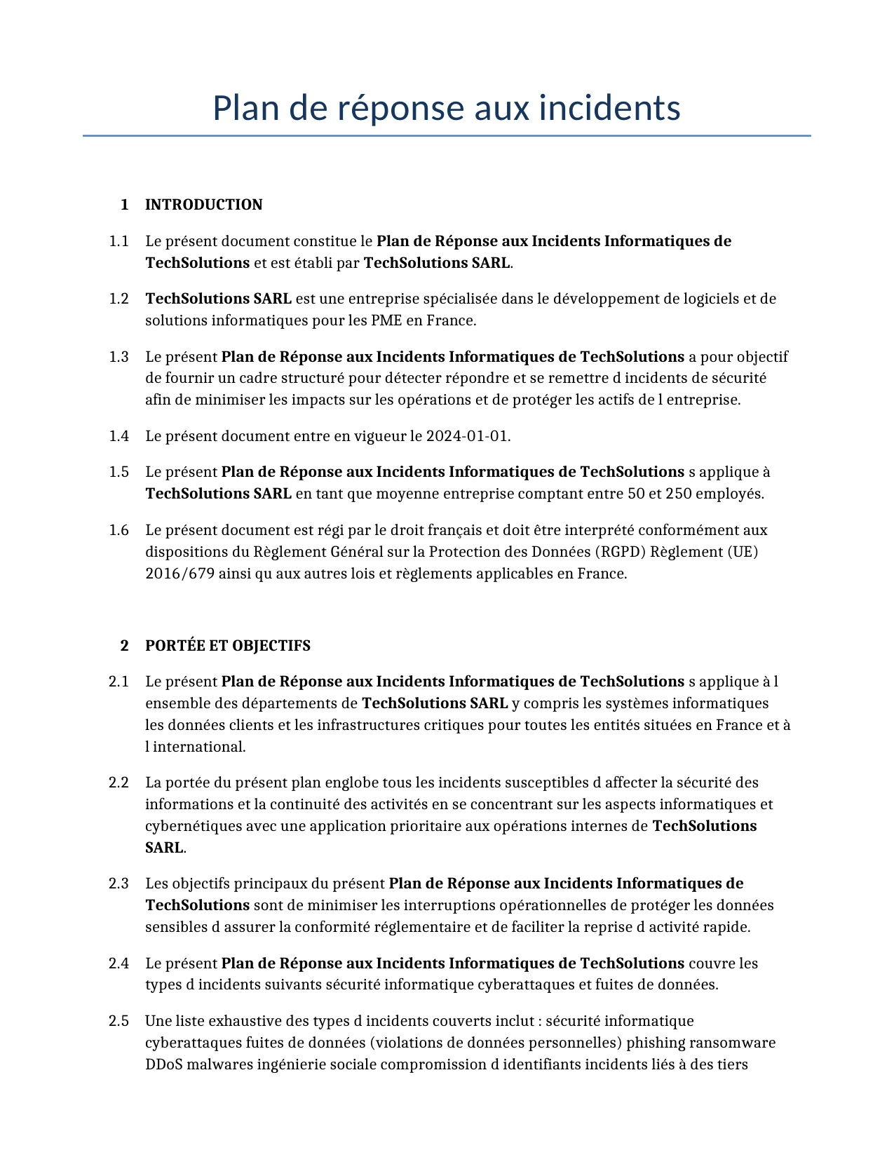 Exemple d'un Plan de réponse aux incidents à utiliser dans la France généré par notre modèle d'IA.