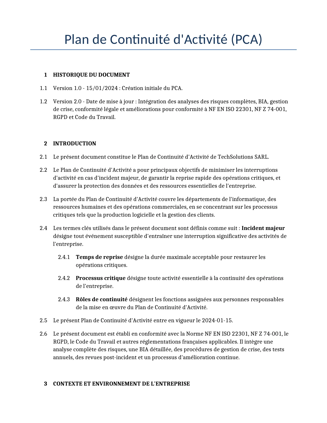 Exemple d'un Plan de Continuité d'Activité (PCA) à utiliser dans la France généré par notre modèle d'IA.