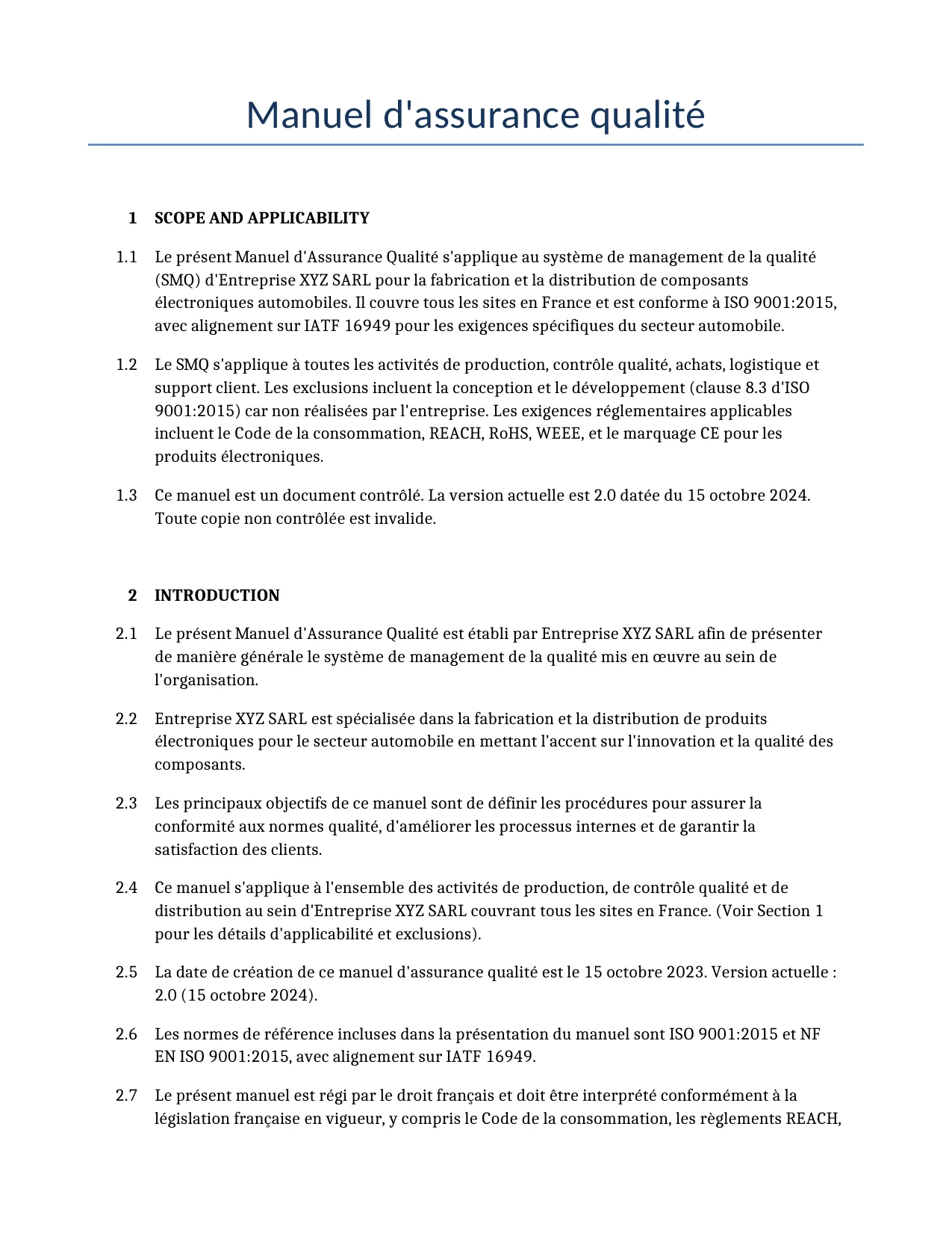Exemple d'un Manuel d'assurance qualité à utiliser dans la France généré par notre modèle d'IA.