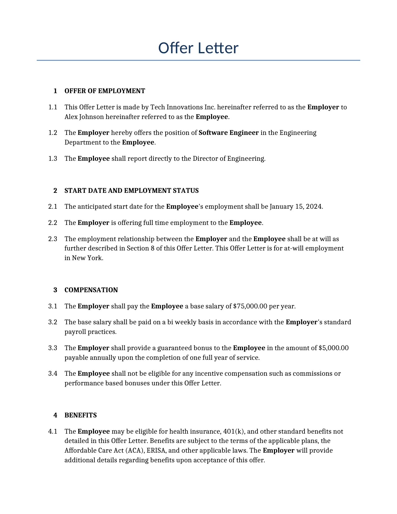 Example of a Offer Letter for use in the United States</b> generated by our AI model.