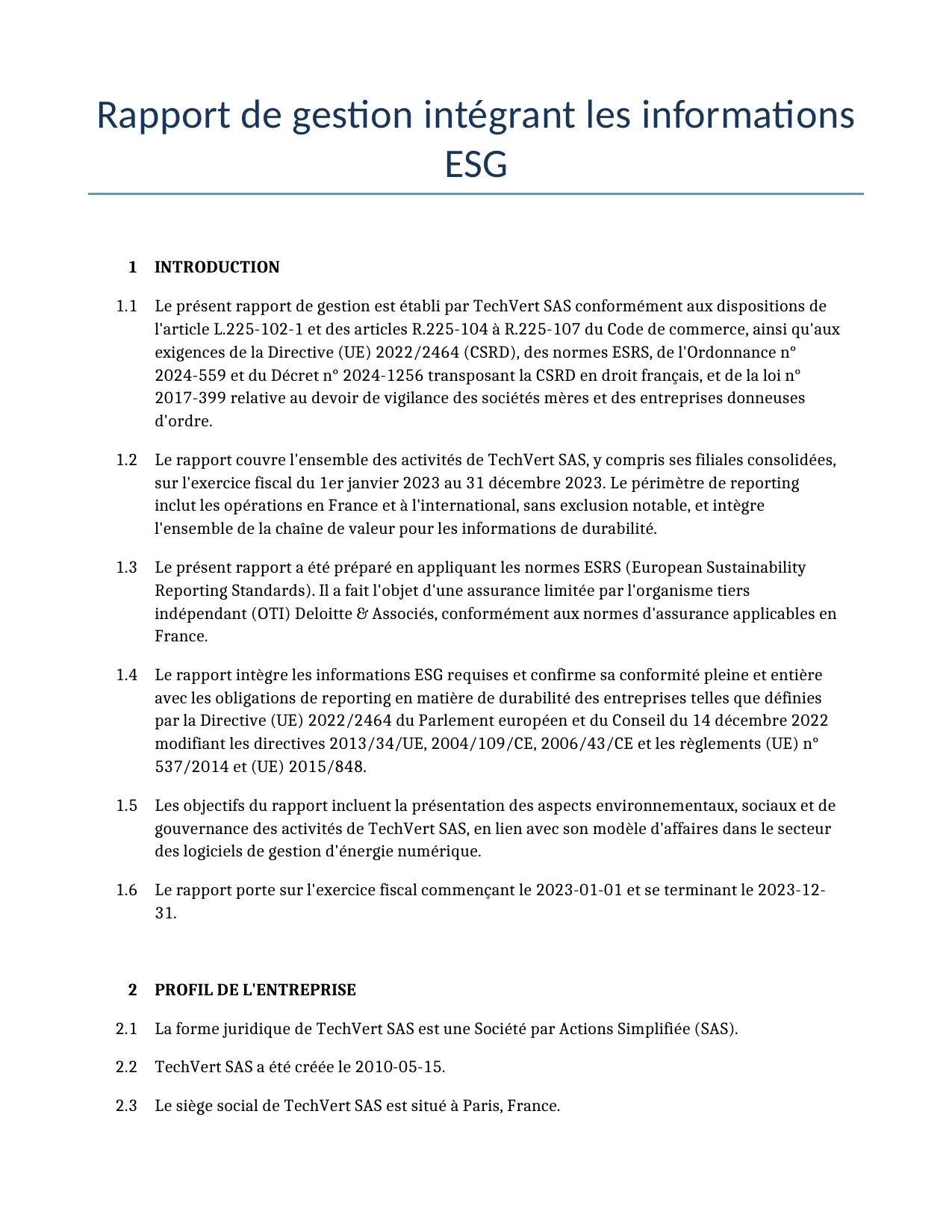 Exemple d'un Rapport de gestion intégrant les informations ESG à utiliser dans la France généré par notre modèle d'IA.
