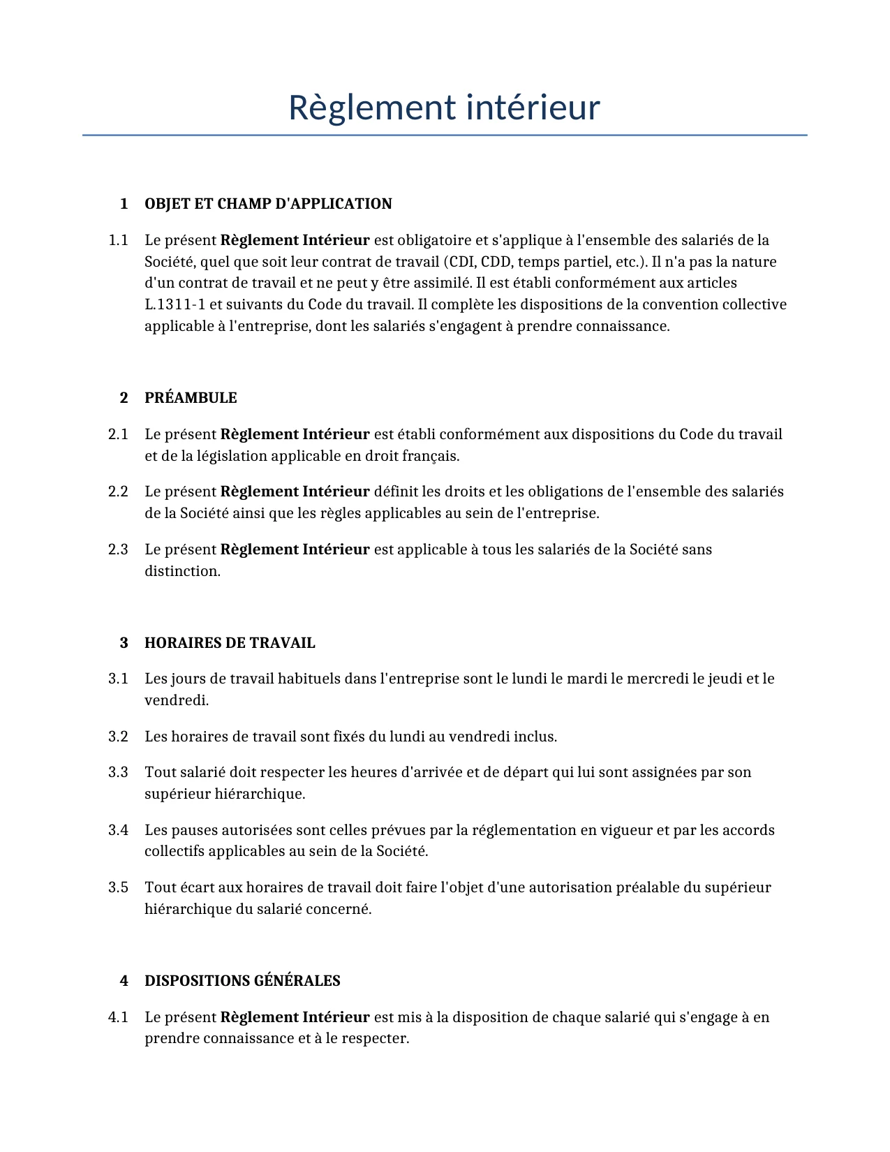 Exemple d'un Règlement intérieur à utiliser dans la France généré par notre modèle d'IA.