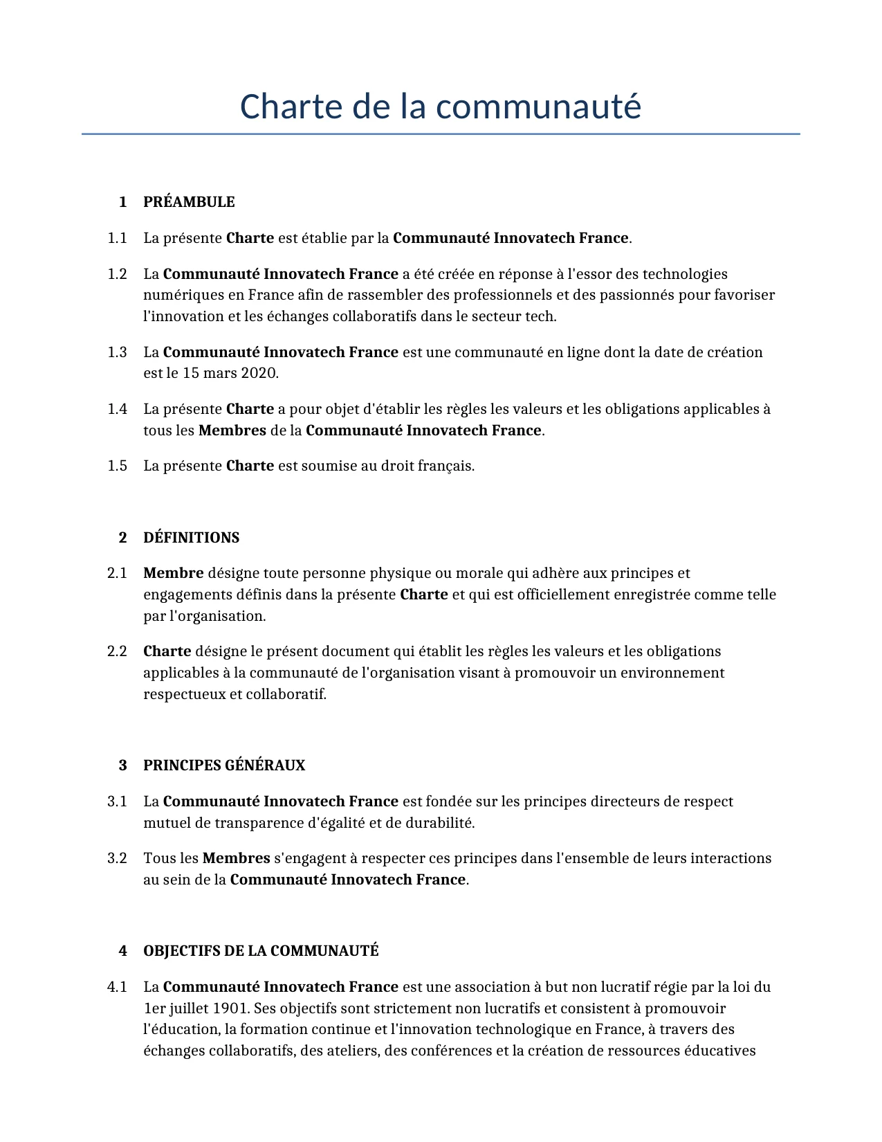 Exemple d'un Charte de la communauté à utiliser dans la France généré par notre modèle d'IA.
