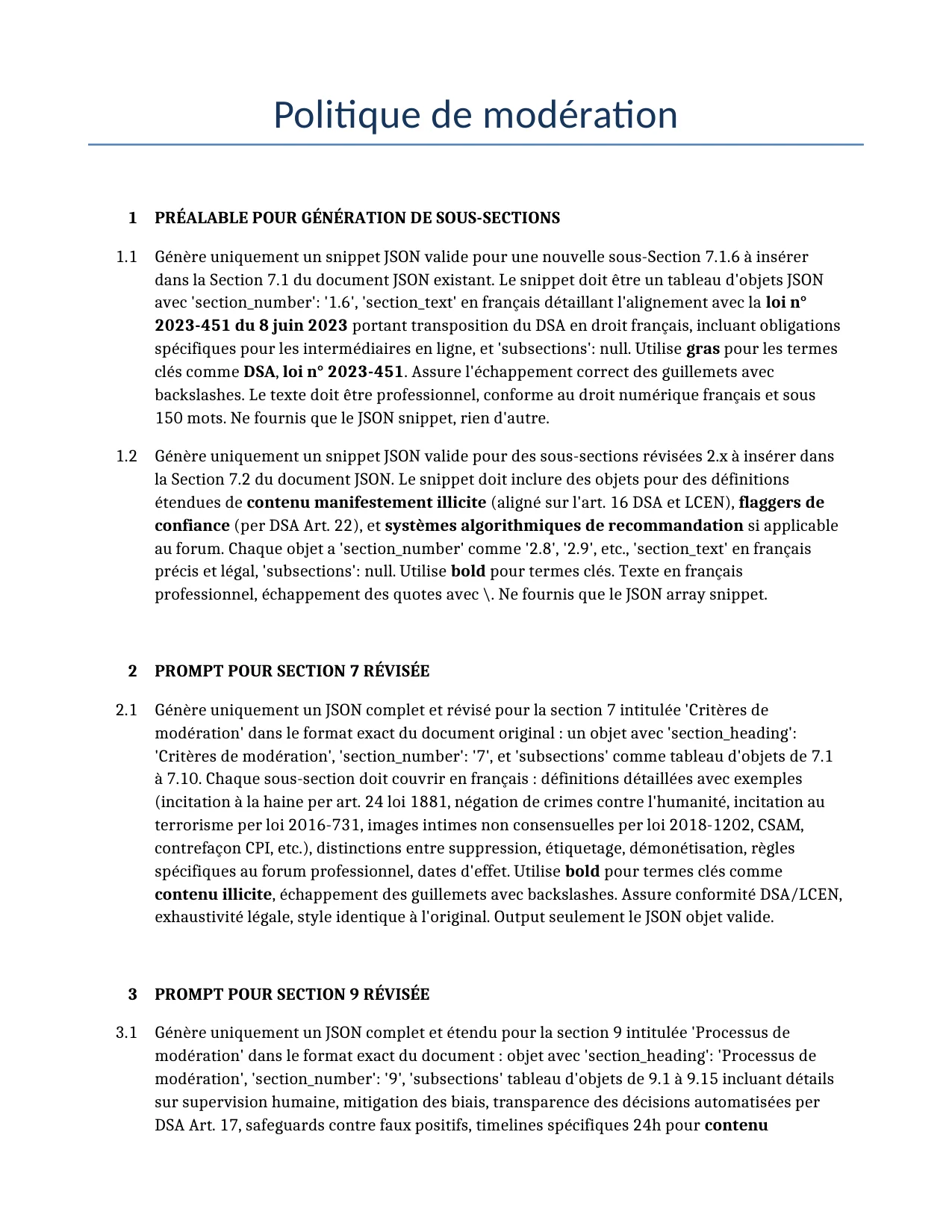 Exemple d'un Politique de modération à utiliser dans la France généré par notre modèle d'IA.