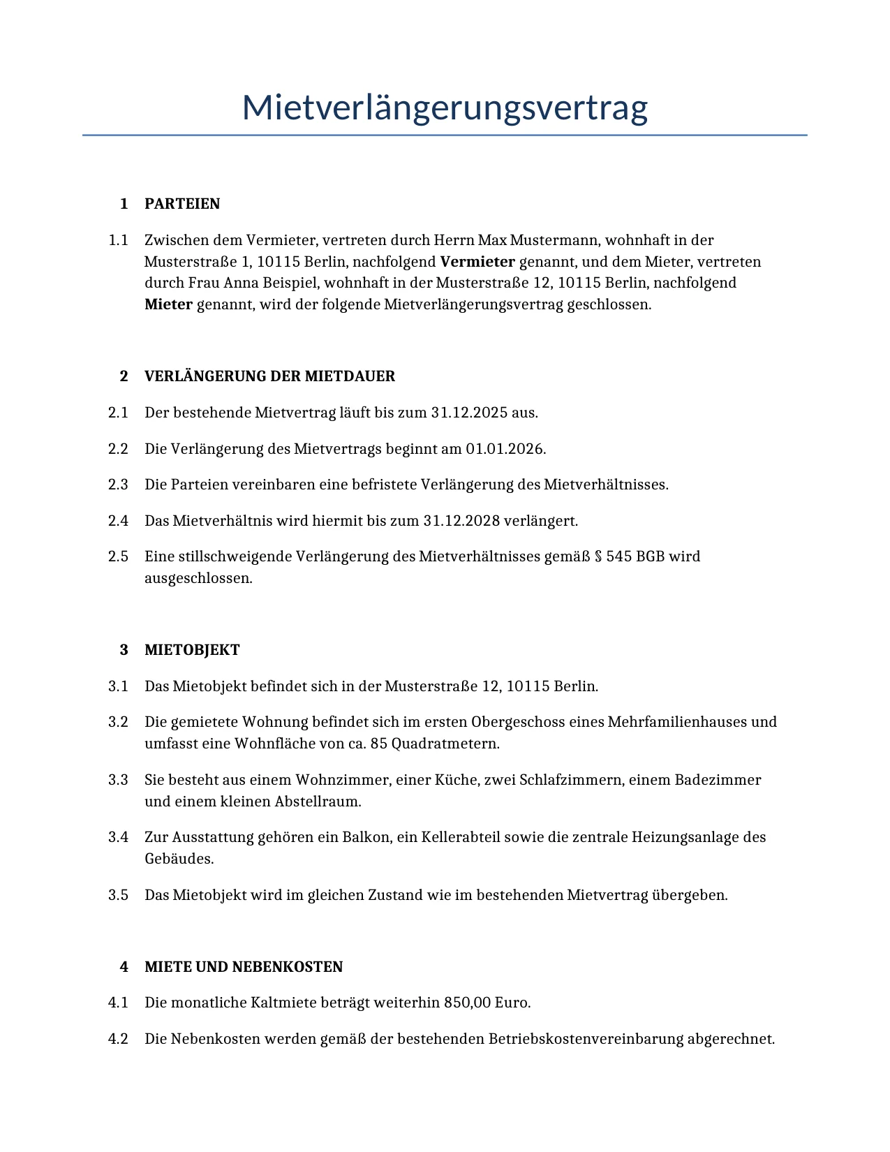 Beispiel für einen Mietverlängerungsvertrag zur Verwendung in Deutschland, generiert von unserem KI-Modell.