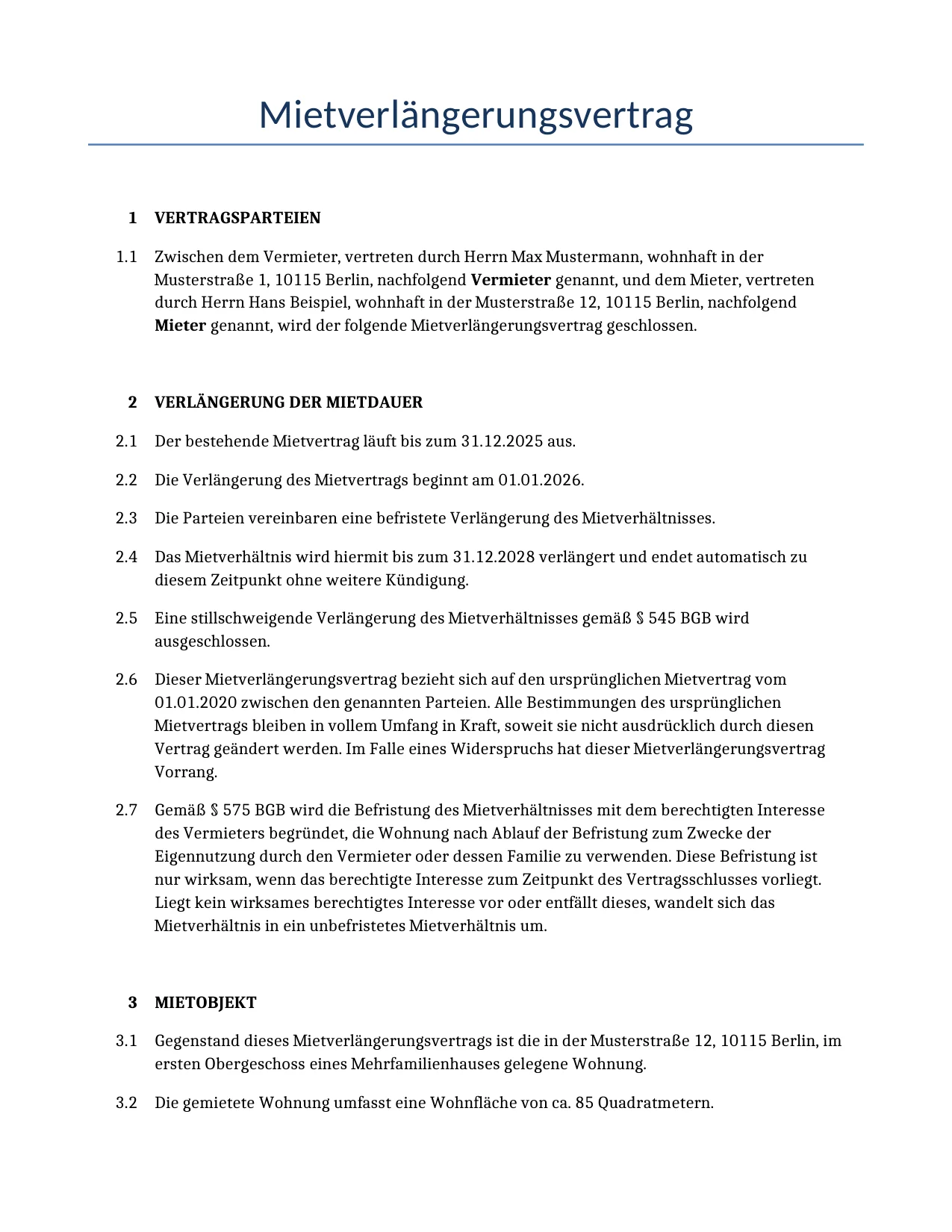 Beispiel für einen Mietverlängerungsvertrag zur Verwendung in Deutschland, generiert von unserem KI-Modell.