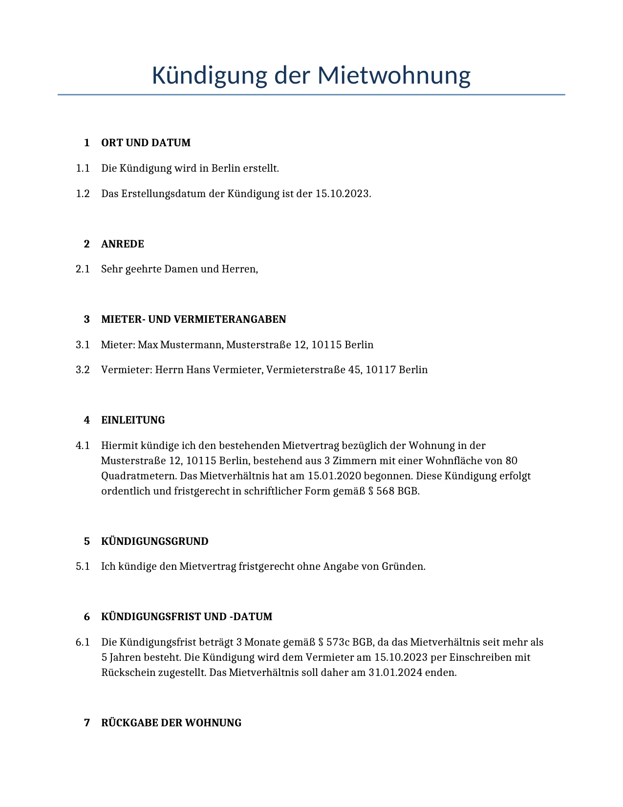 Beispiel für einen Kündigung der Mietwohnung zur Verwendung in Deutschland, generiert von unserem KI-Modell.