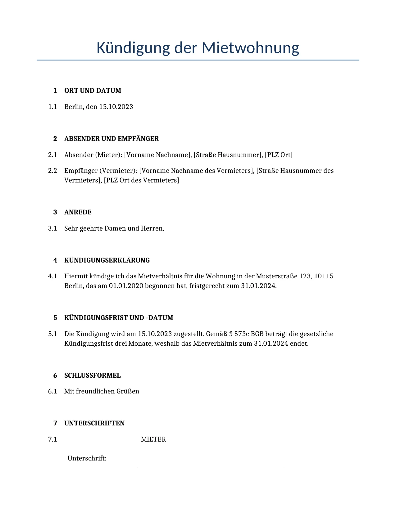 Beispiel für einen Kündigung der Mietwohnung zur Verwendung in Deutschland, generiert von unserem KI-Modell.