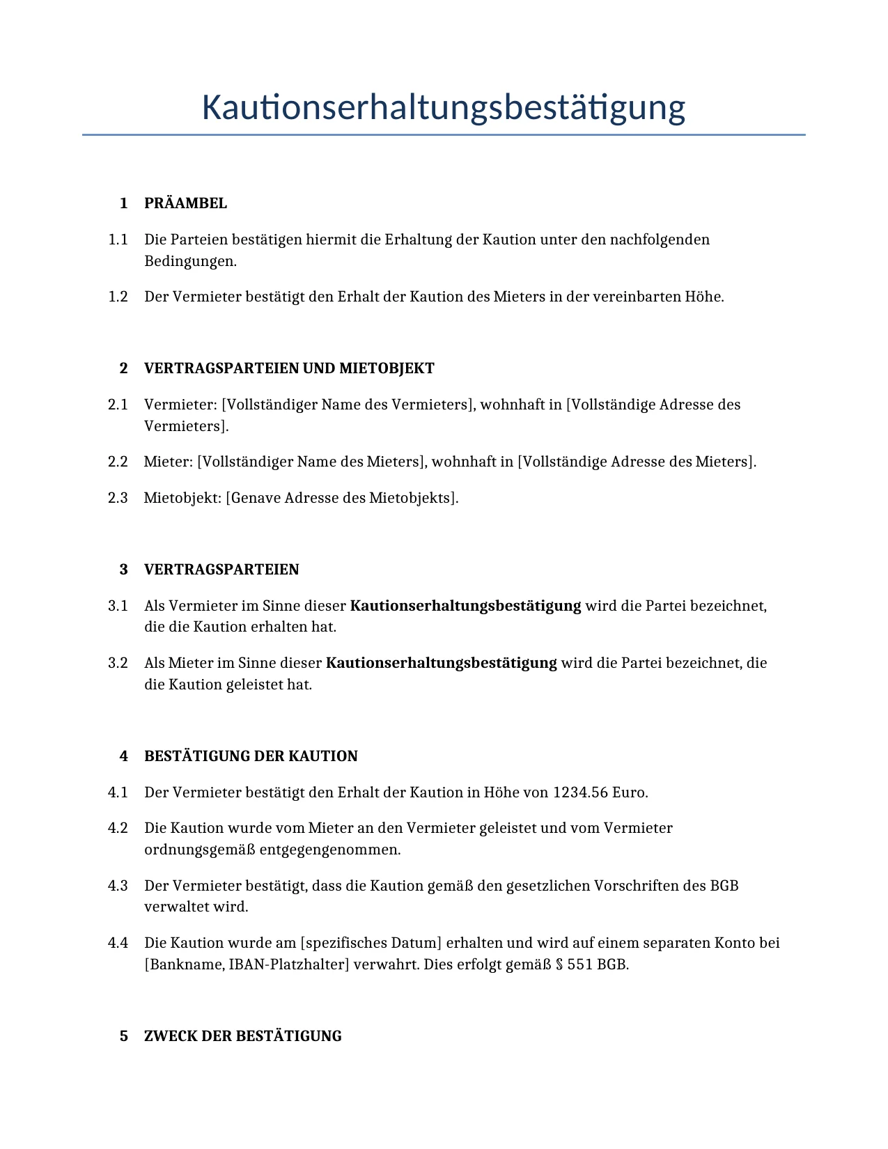 Beispiel für einen Kautionserhaltungsbestätigung zur Verwendung in Deutschland, generiert von unserem KI-Modell.