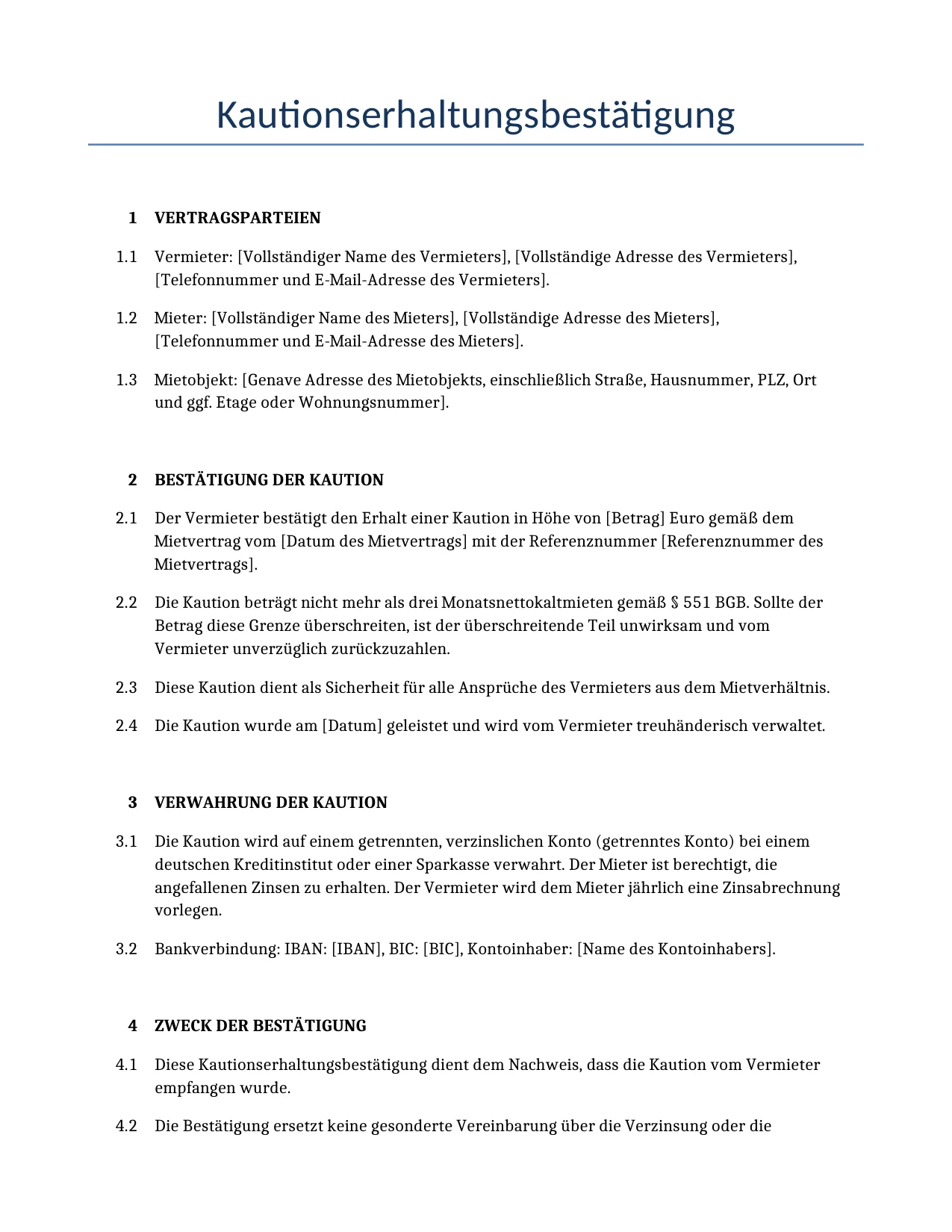 Beispiel für einen Kautionserhaltungsbestätigung zur Verwendung in Deutschland, generiert von unserem KI-Modell.