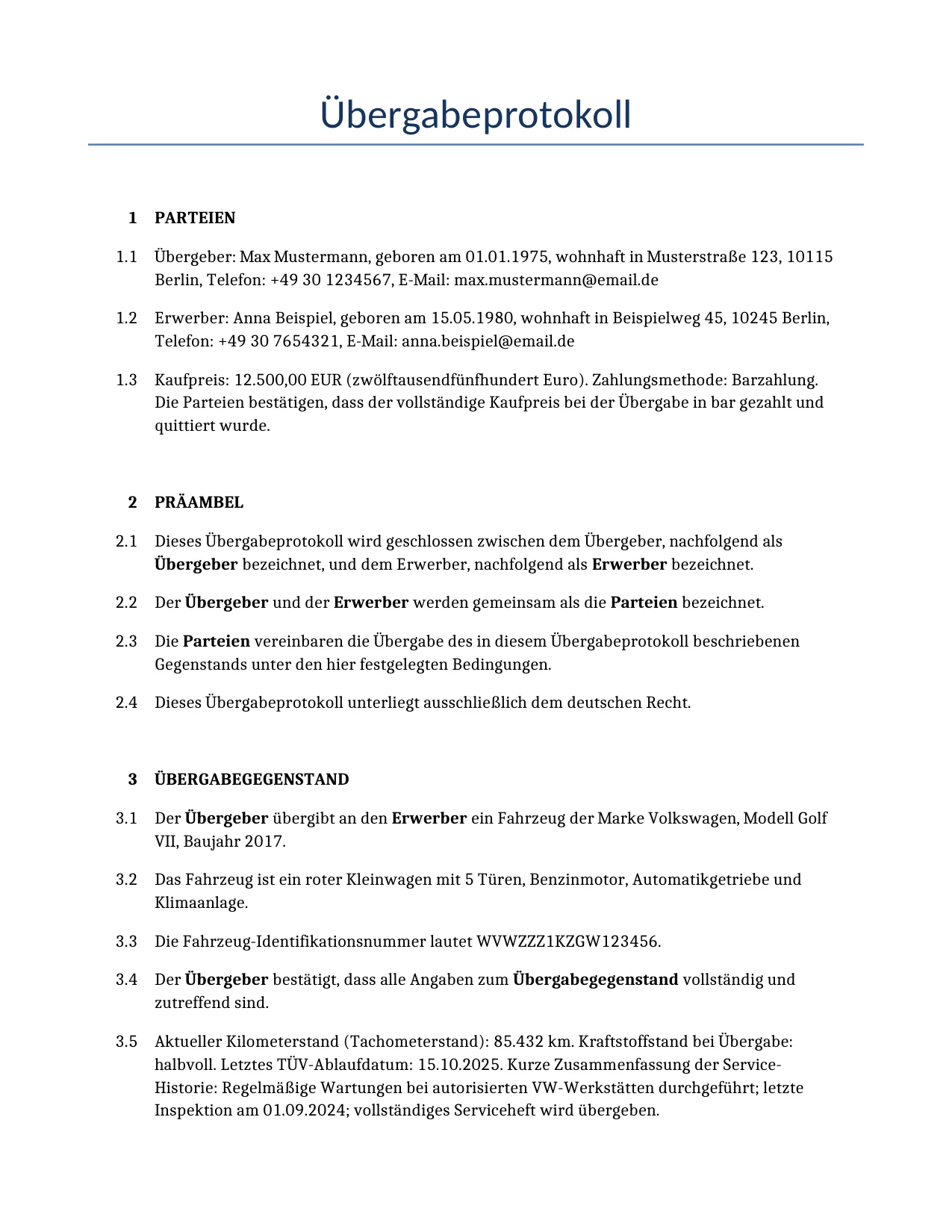Beispiel für einen Übergabeprotokoll zur Verwendung in Deutschland, generiert von unserem KI-Modell.