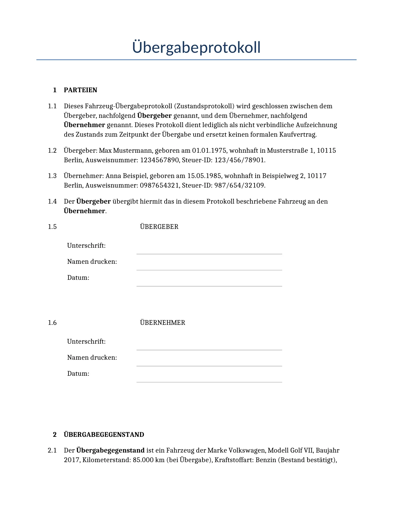Beispiel für einen Übergabeprotokoll zur Verwendung in Deutschland, generiert von unserem KI-Modell.