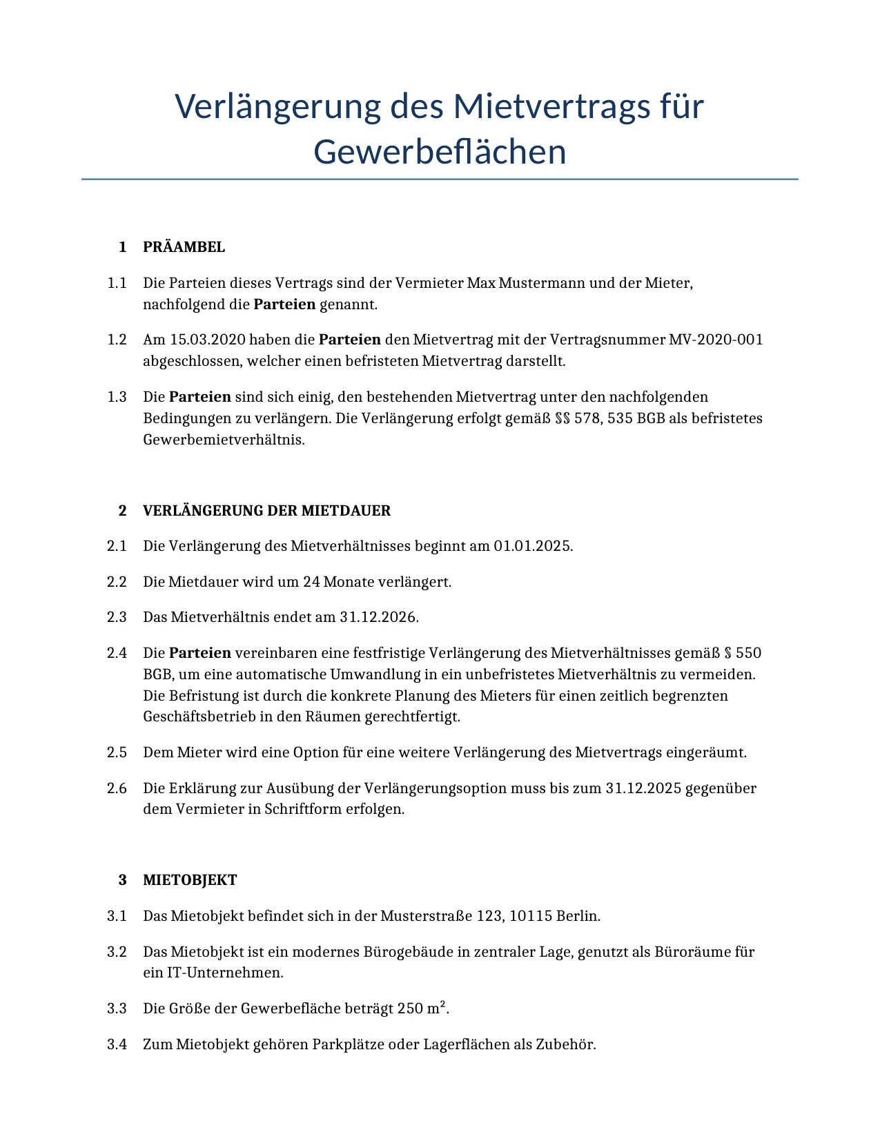 Beispiel für einen Verlängerung des Mietvertrags für Gewerbeflächen zur Verwendung in Deutschland, generiert von unserem KI-Modell.