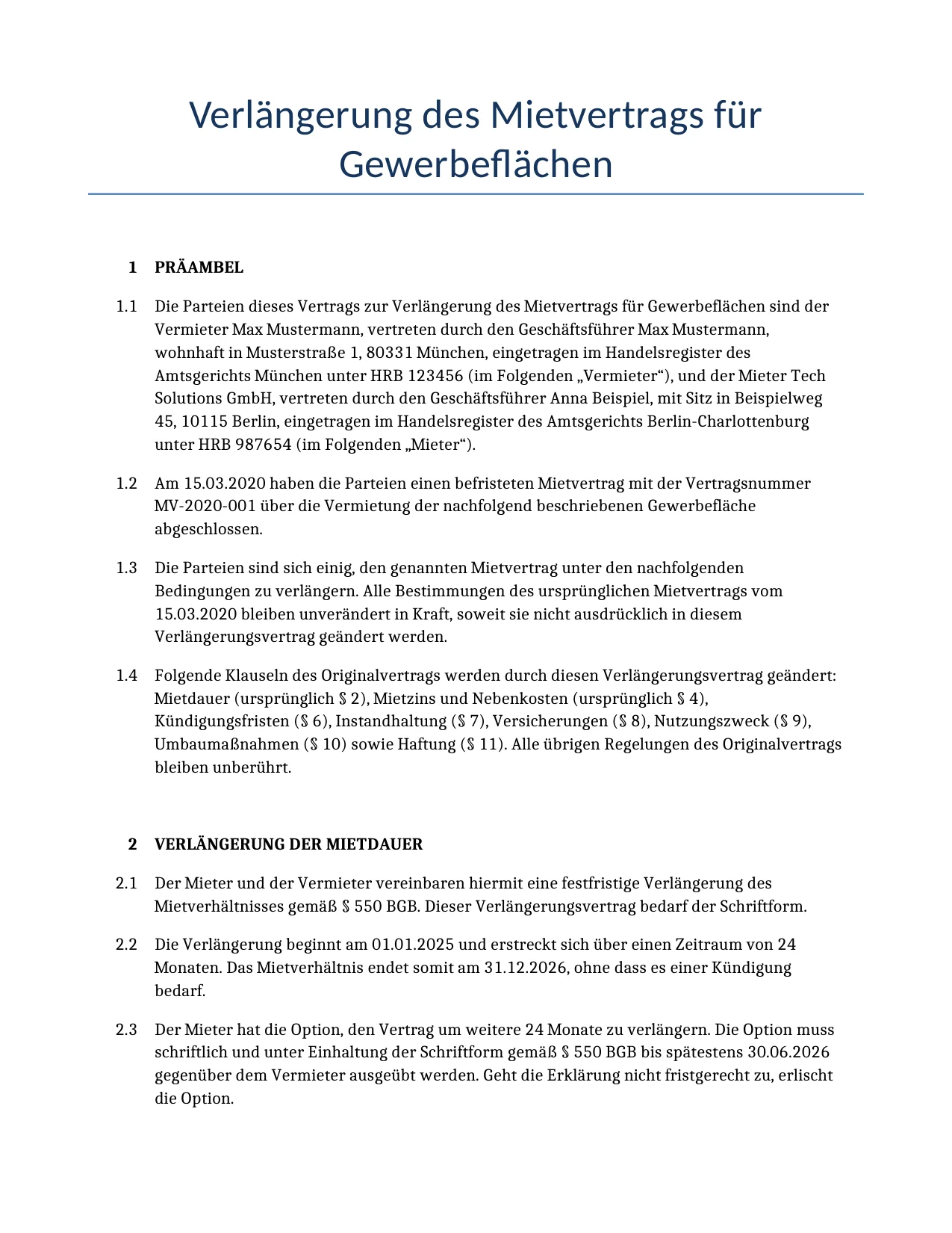 Beispiel für einen Verlängerung des Mietvertrags für Gewerbeflächen zur Verwendung in Deutschland, generiert von unserem KI-Modell.