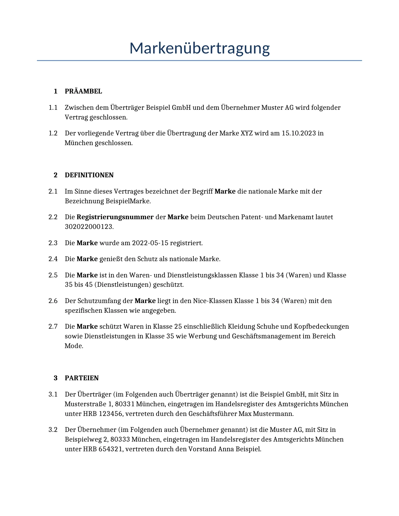 Beispiel für einen Markenübertragung zur Verwendung in Deutschland, generiert von unserem KI-Modell.
