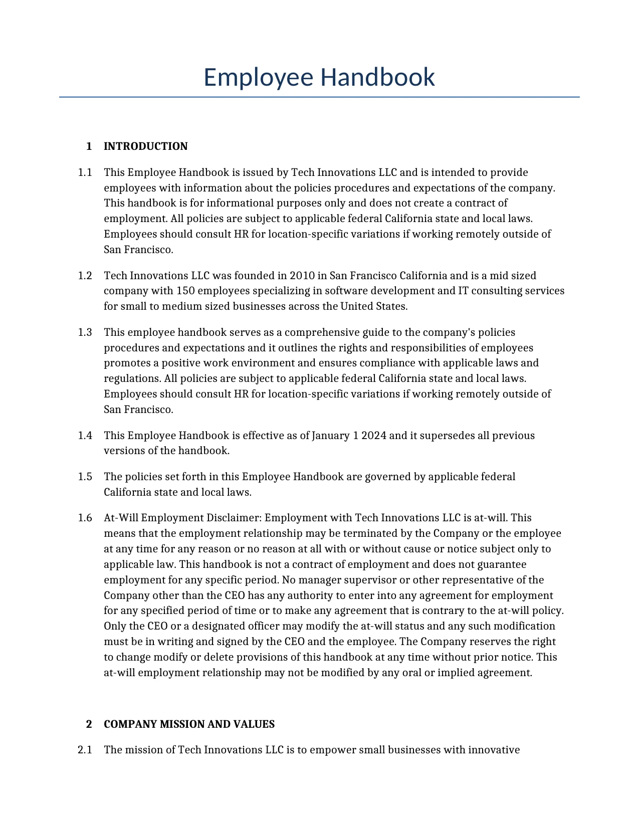 Example of a Employee Handbook for use in the United States</b> generated by our AI model. 