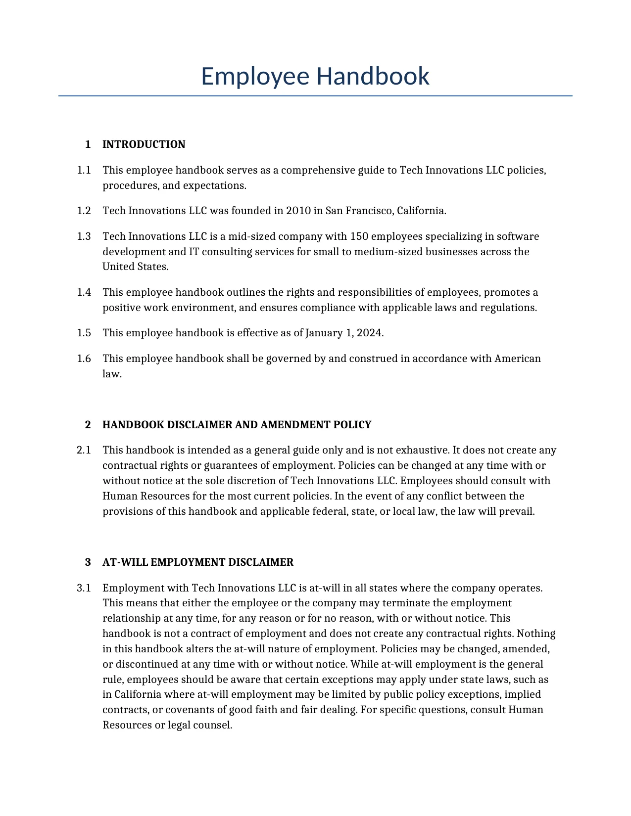 Example of a Employee Handbook for use in the United States</b> generated by our AI model. 