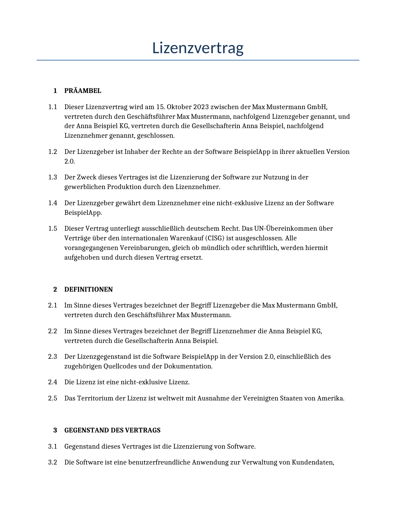 Beispiel für einen Lizenzvertrag zur Verwendung in Deutschland, generiert von unserem KI-Modell.