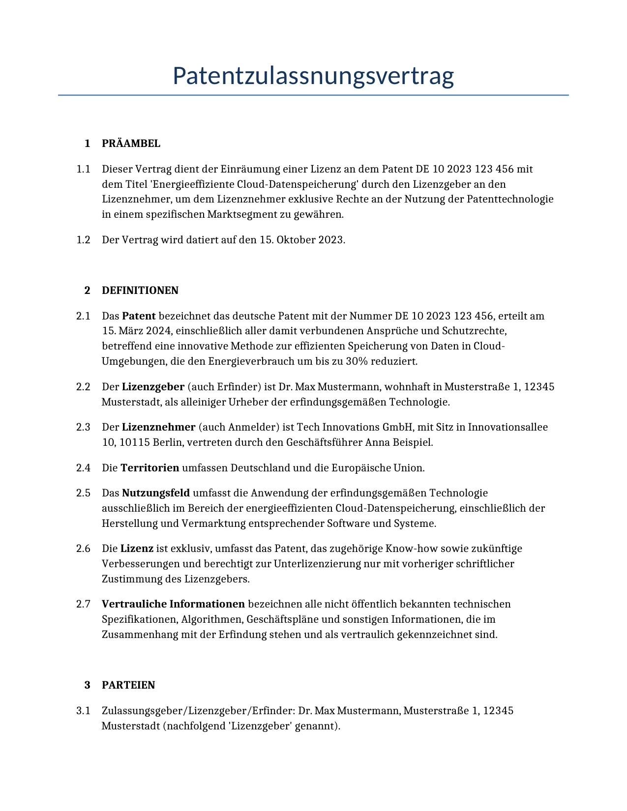 Beispiel für einen Patentzulassnungsvertrag zur Verwendung in Deutschland, generiert von unserem KI-Modell.