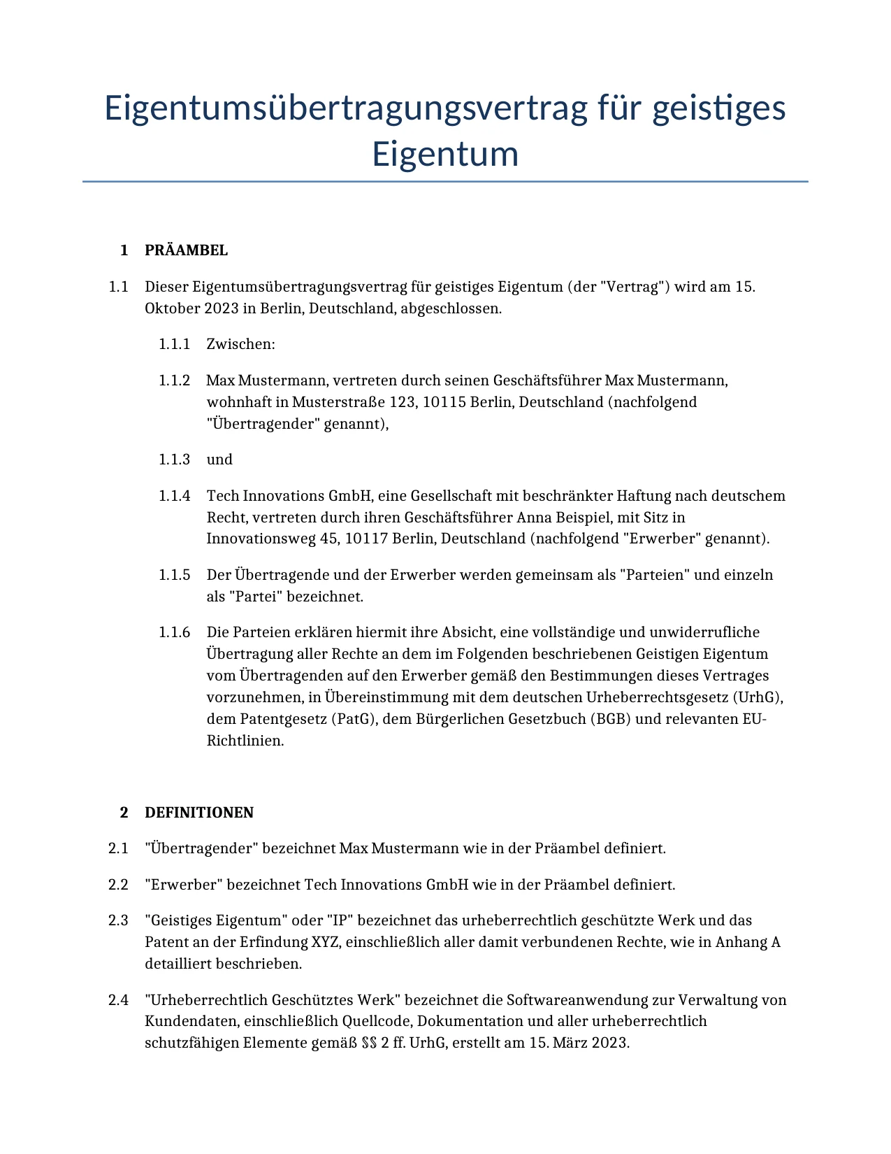 Beispiel für einen Eigentumsübertragungsvertrag für geistiges Eigentum zur Verwendung in Deutschland, generiert von unserem KI-Modell.