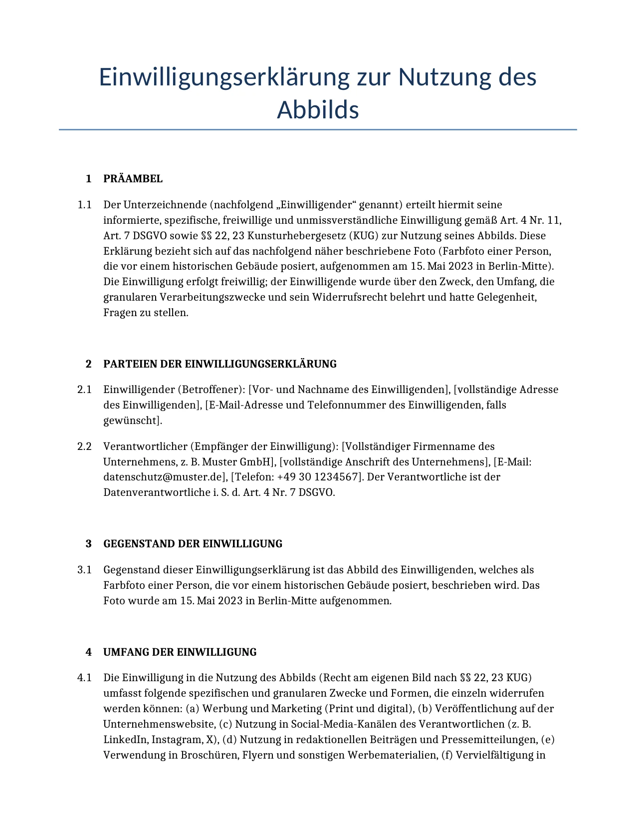 Beispiel für einen Einwilligungserklärung zur Nutzung des Abbilds zur Verwendung in Deutschland, generiert von unserem KI-Modell.