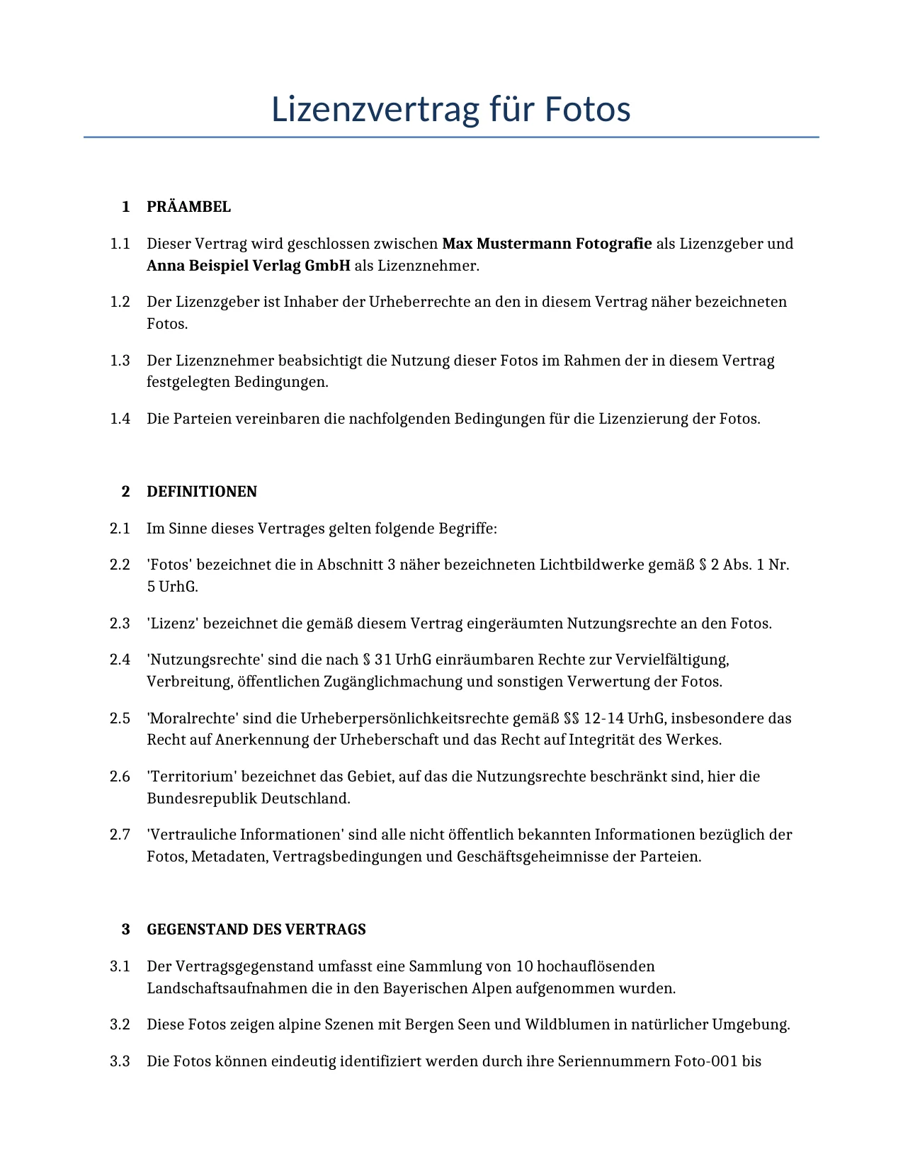 Beispiel für einen Lizenzvertrag für Fotos zur Verwendung in Deutschland, generiert von unserem KI-Modell.
