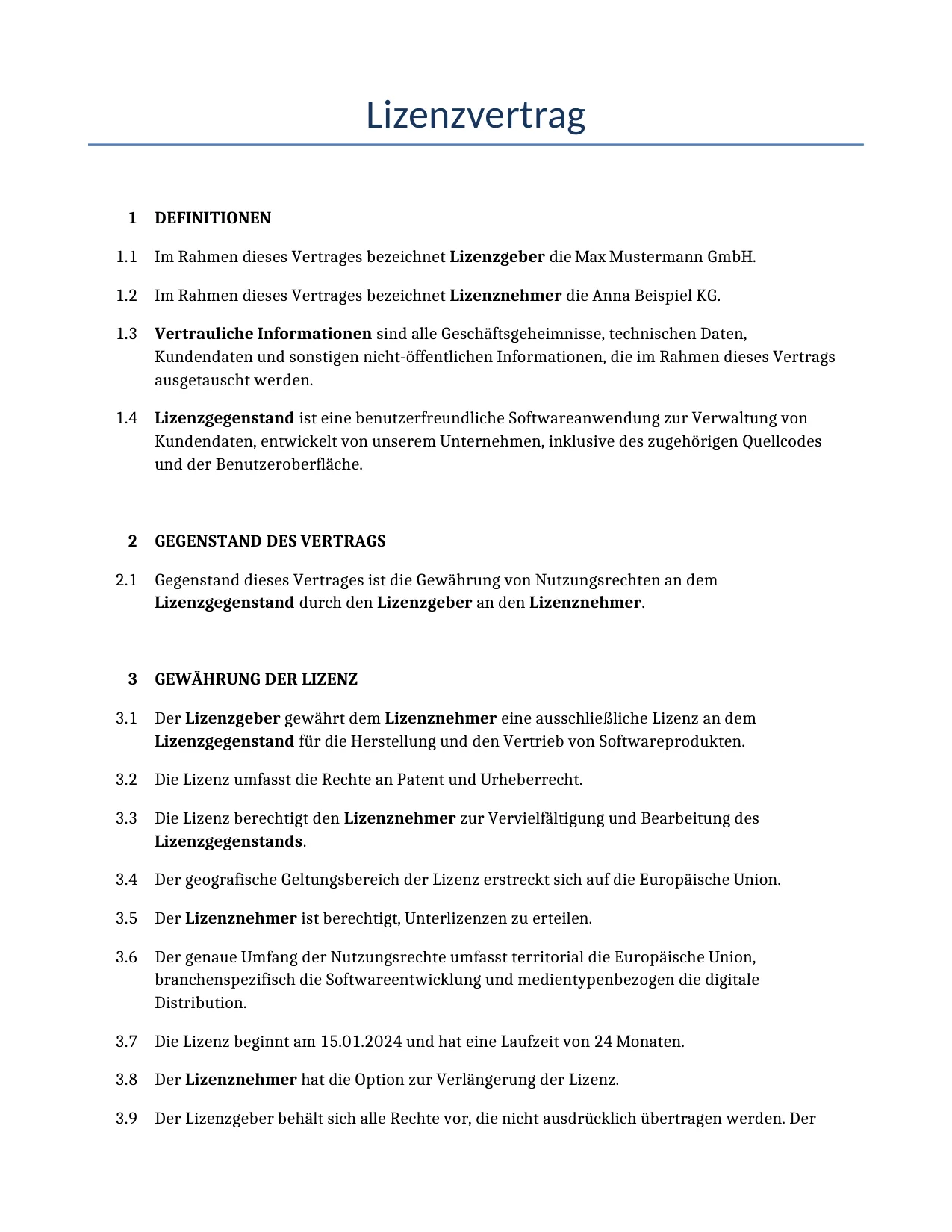 Beispiel für einen Lizenzvertrag zur Verwendung in Deutschland, generiert von unserem KI-Modell.