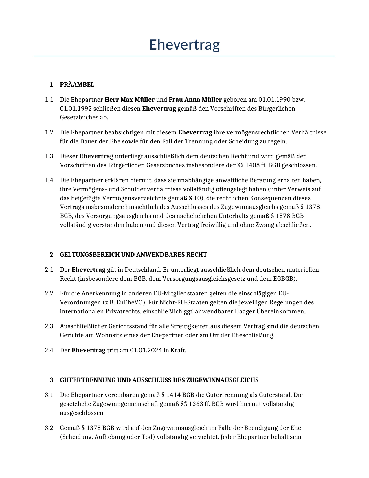 Beispiel für einen Ehevertrag zur Verwendung in Deutschland, generiert von unserem KI-Modell.
