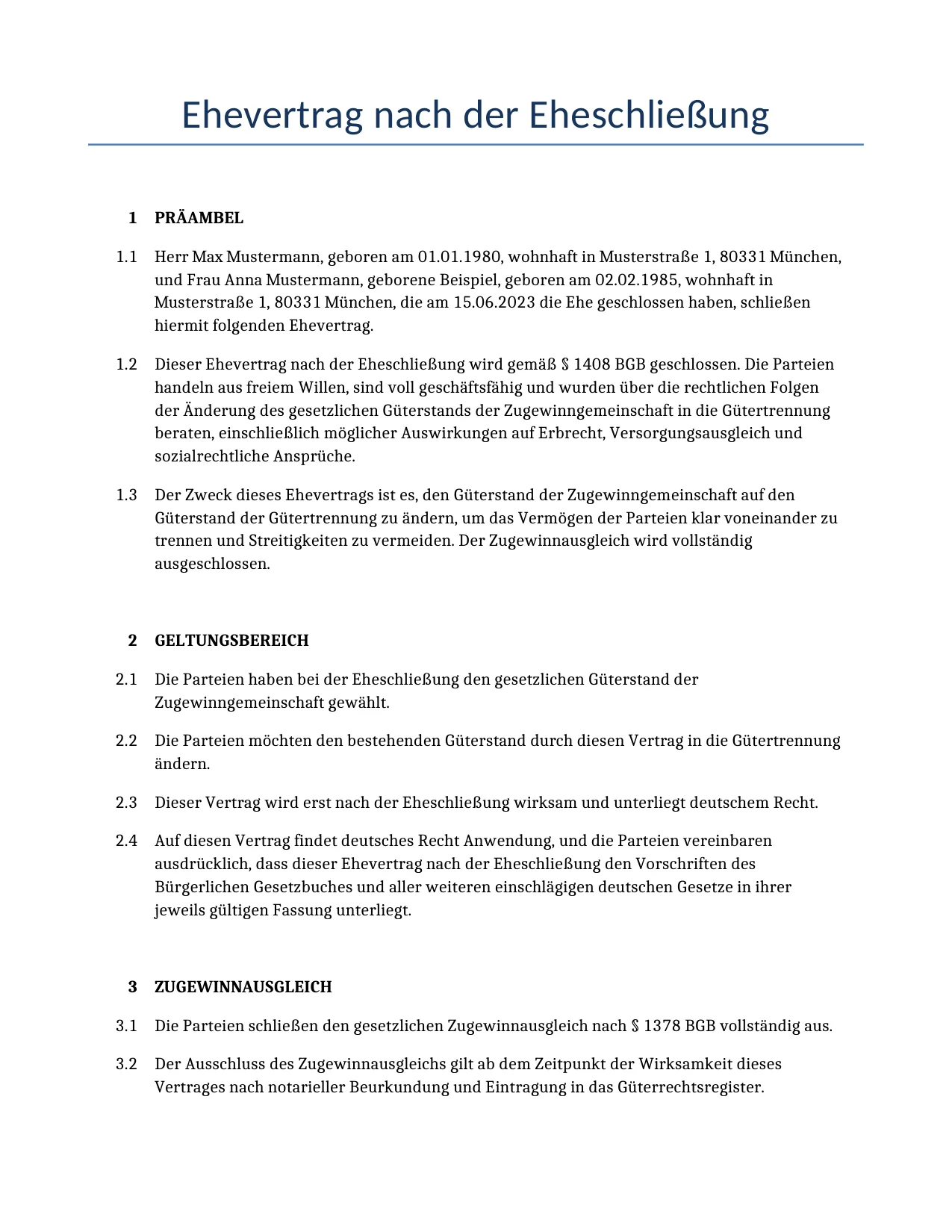Beispiel für einen Ehevertrag nach der Eheschließung zur Verwendung in Deutschland, generiert von unserem KI-Modell.