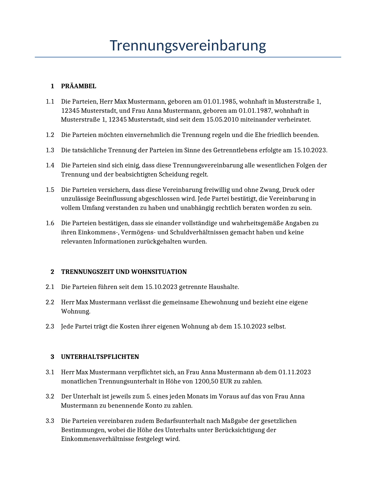 Beispiel für einen Trennungsvereinbarung zur Verwendung in Deutschland, generiert von unserem KI-Modell.