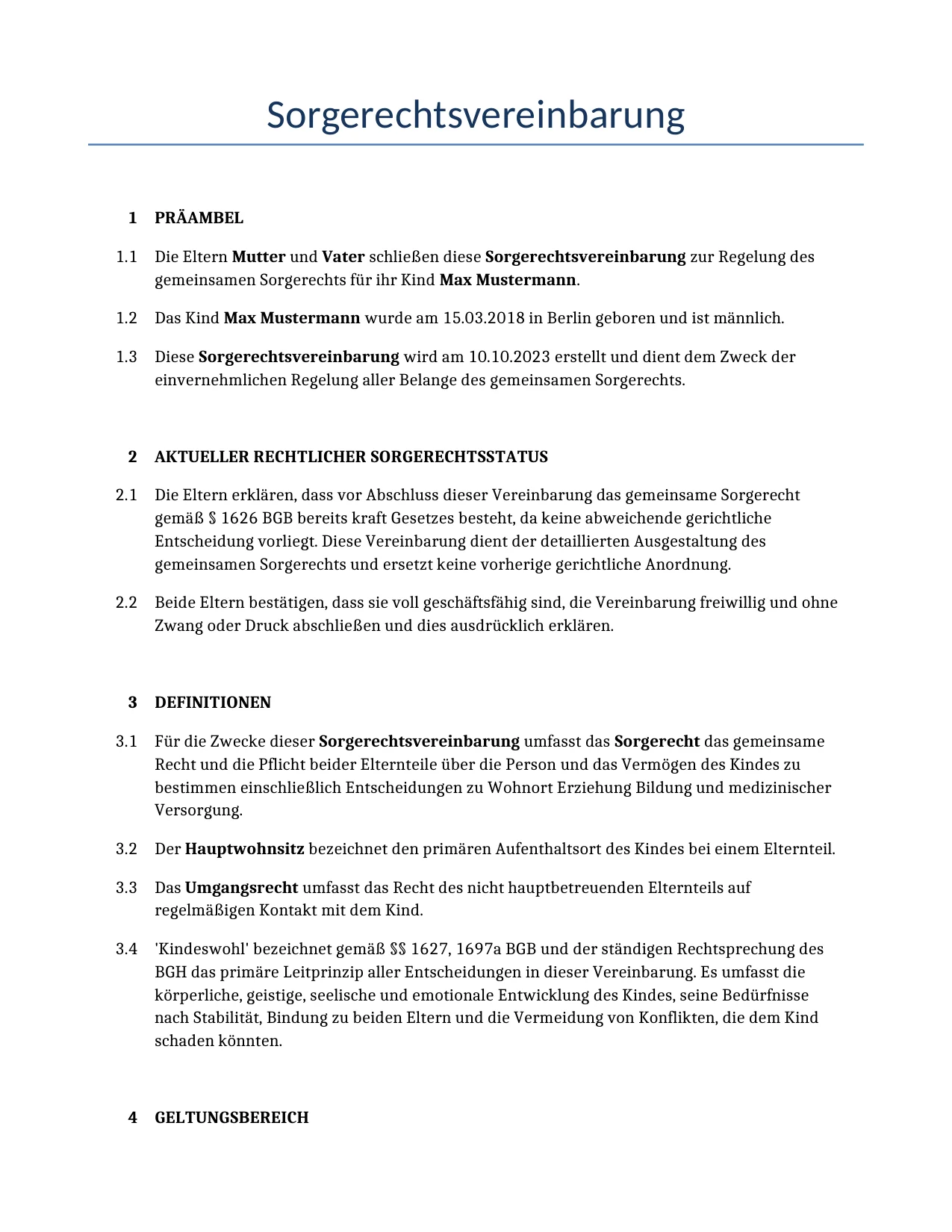 Beispiel für einen Sorgerechtsvereinbarung zur Verwendung in Deutschland, generiert von unserem KI-Modell.