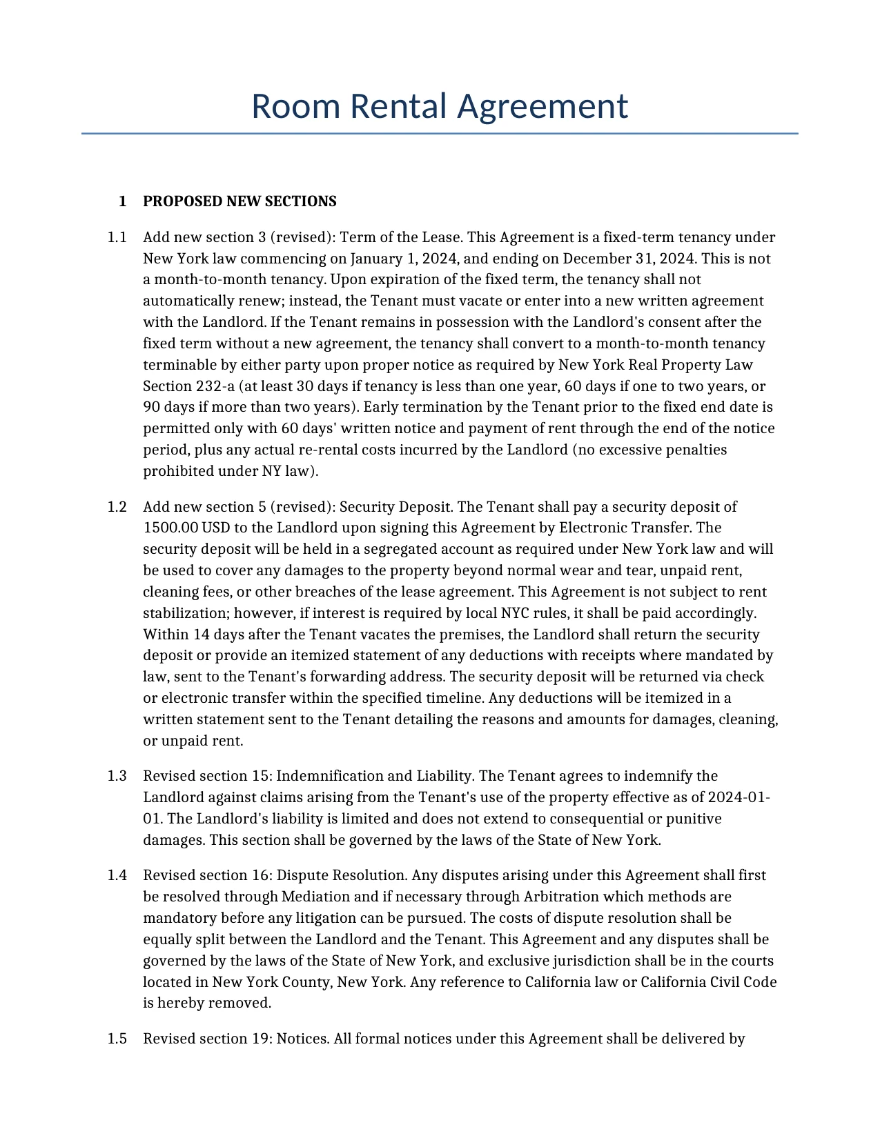 Example of a Room Rental Agreement for use in the United States</b> generated by our AI model. 