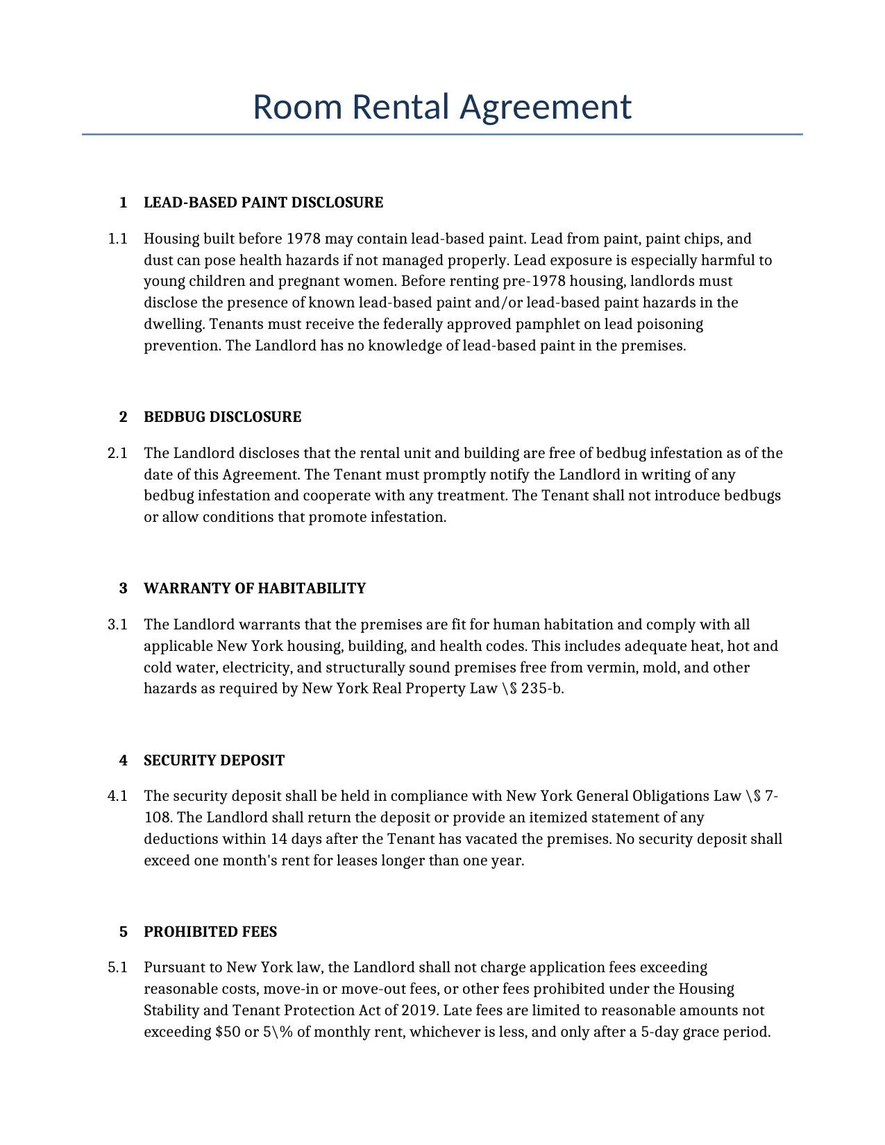 Example of a Room Rental Agreement for use in the United States</b> generated by our AI model. 