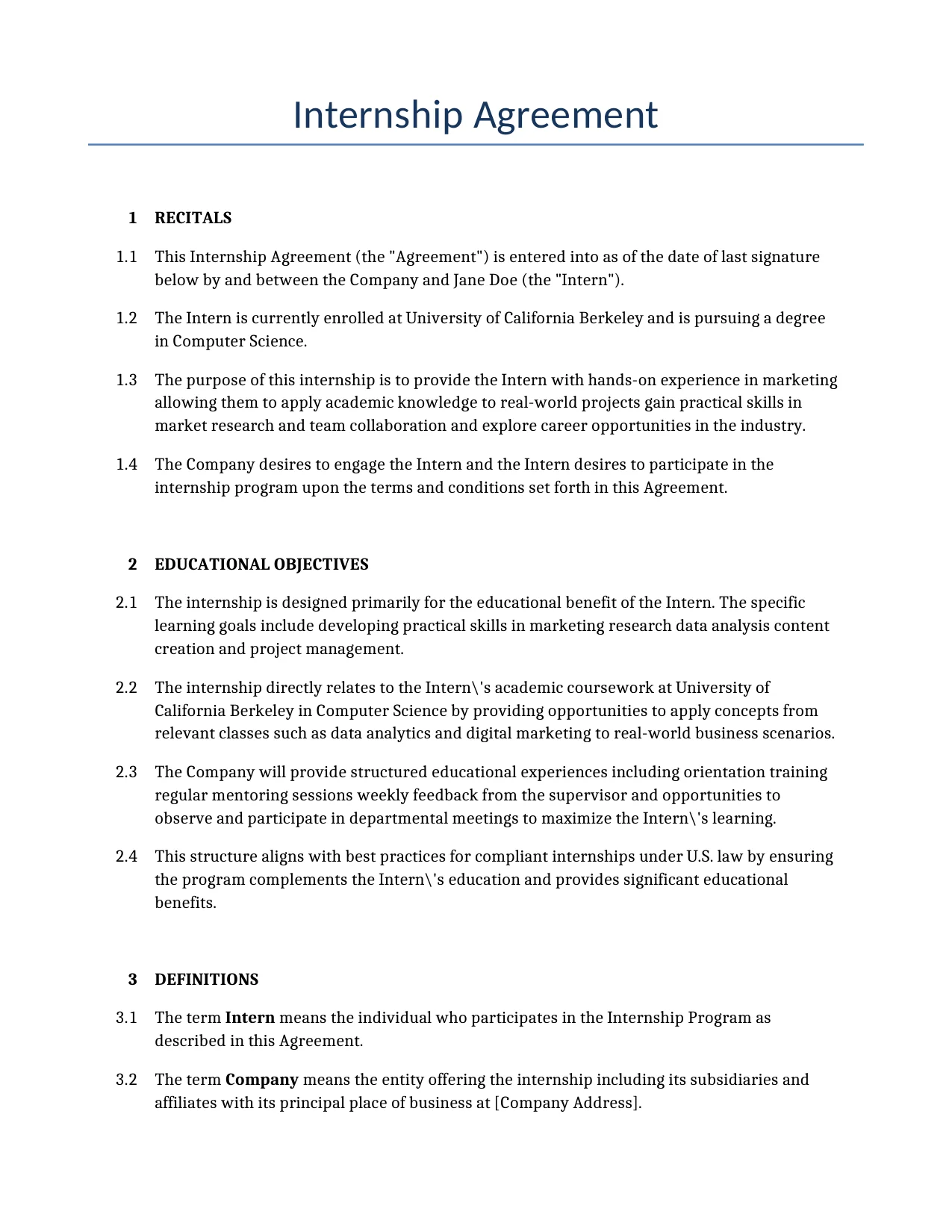 Example of a Internship Agreement for use in the United States</b> generated by our AI model. 