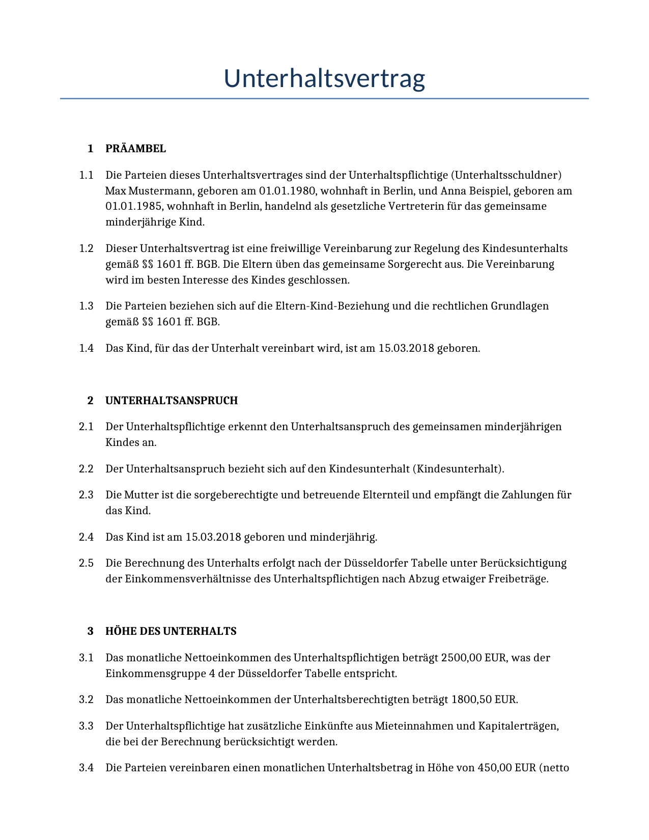 Beispiel für einen Unterhaltsvertrag zur Verwendung in Deutschland, generiert von unserem KI-Modell.