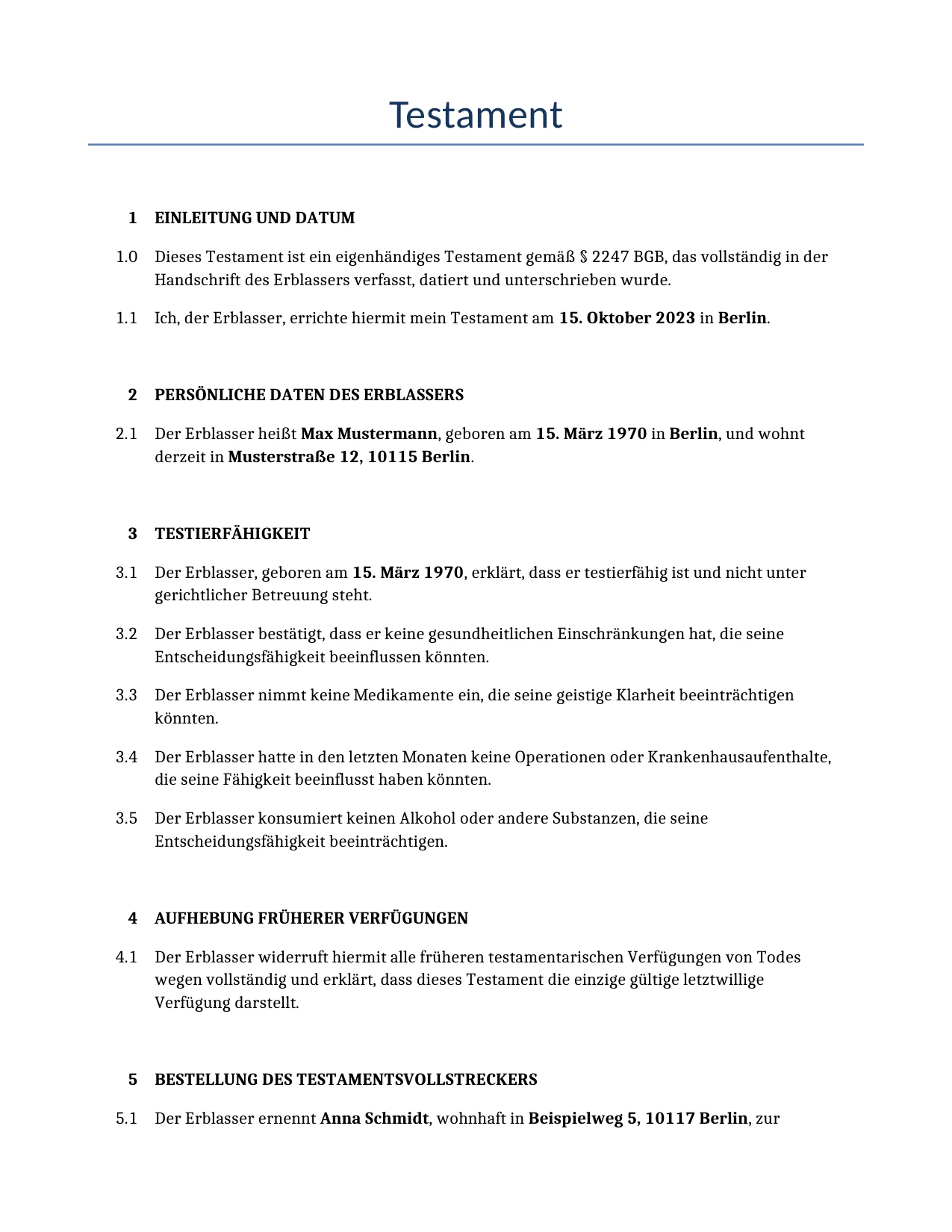 Beispiel für einen Testament zur Verwendung in Deutschland, generiert von unserem KI-Modell.