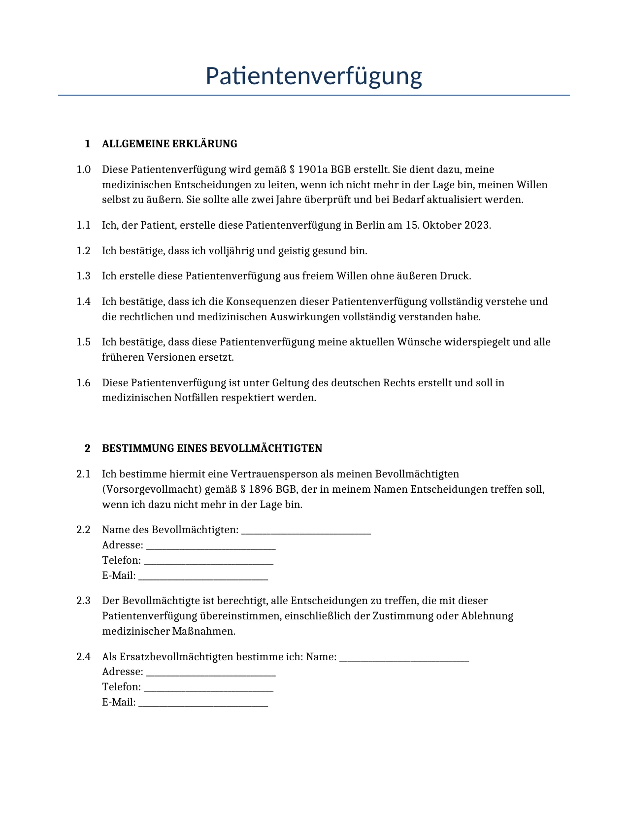 Beispiel für einen Patientenverfügung zur Verwendung in Deutschland, generiert von unserem KI-Modell.