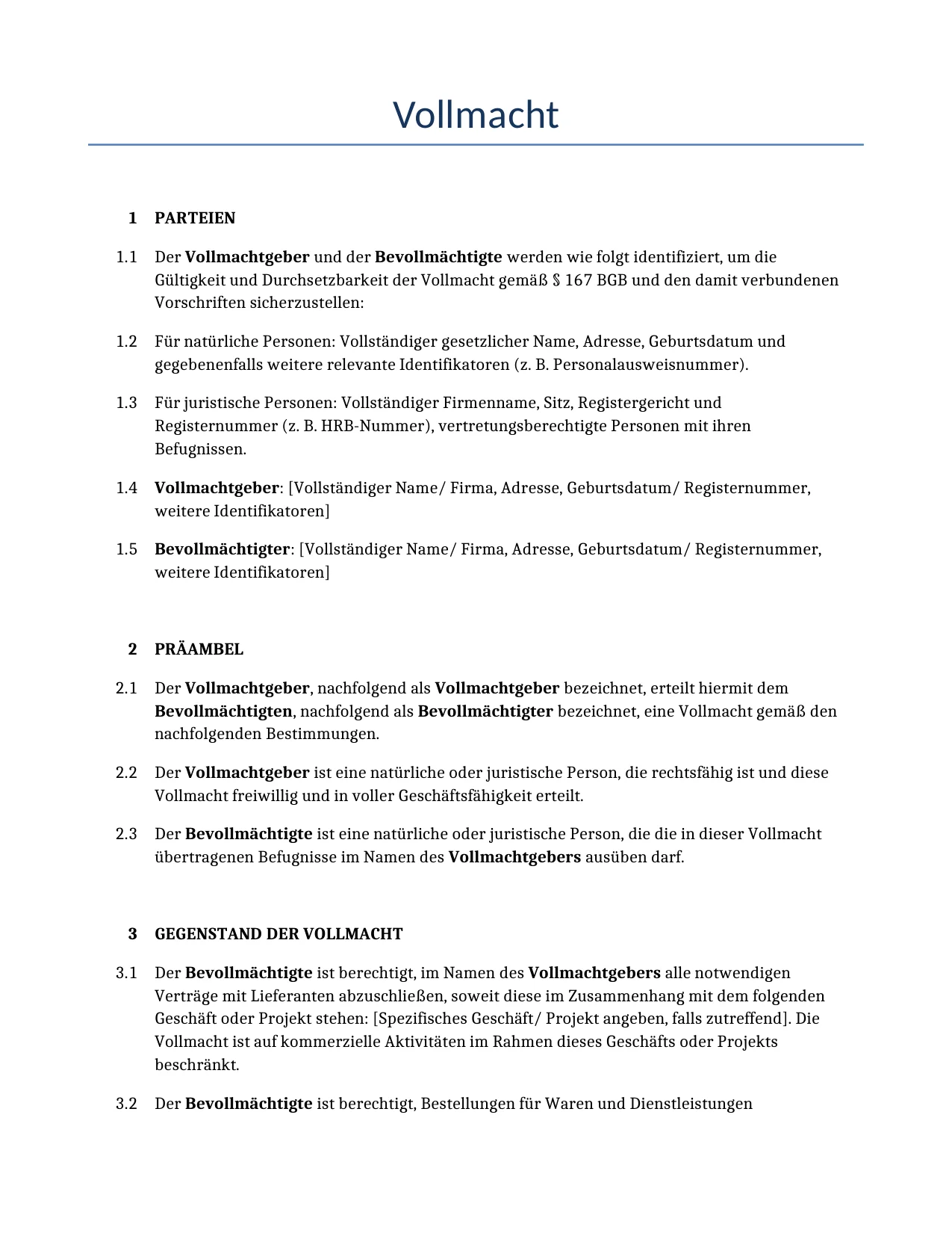 Beispiel für einen Vollmacht zur Verwendung in Deutschland, generiert von unserem KI-Modell.