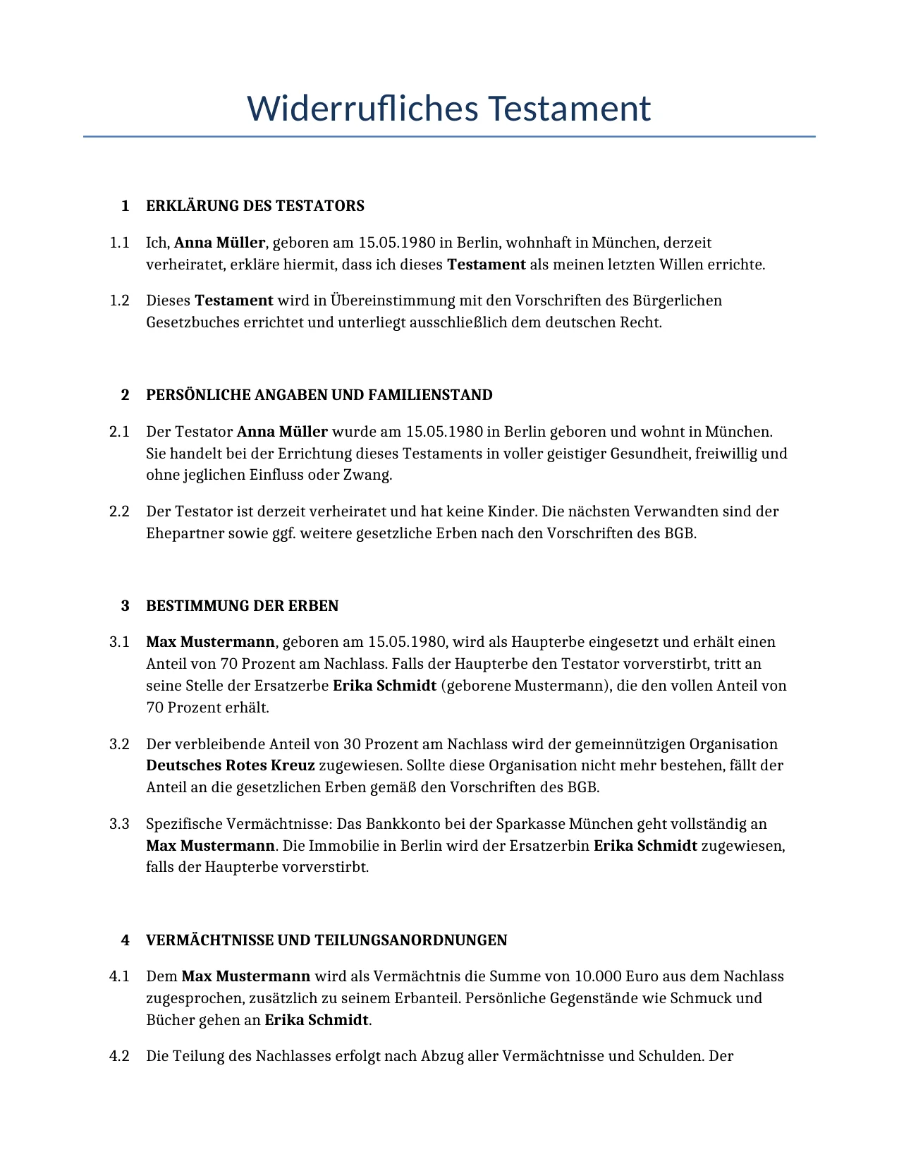 Beispiel für einen Widerrufliches Testament zur Verwendung in Deutschland, generiert von unserem KI-Modell.