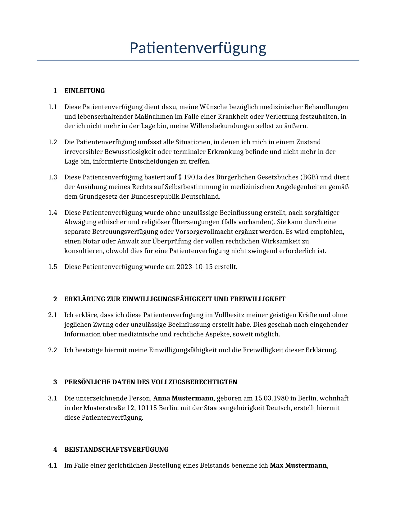 Beispiel für einen Patientenverfügung zur Verwendung in Deutschland, generiert von unserem KI-Modell.