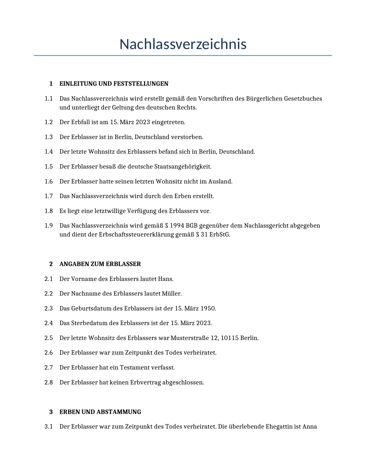 Beispiel für einen Nachlassverzeichnis zur Verwendung in Deutschland, generiert von unserem KI-Modell.