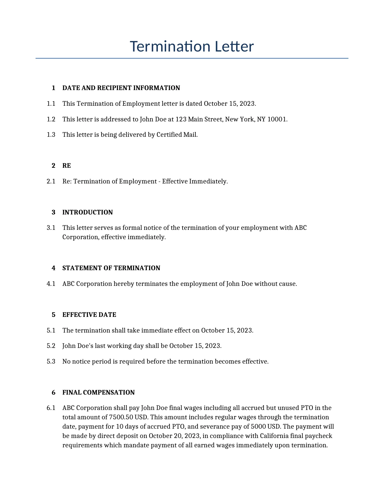 Example of a Termination Letter for use in the United States</b> generated by our AI model.