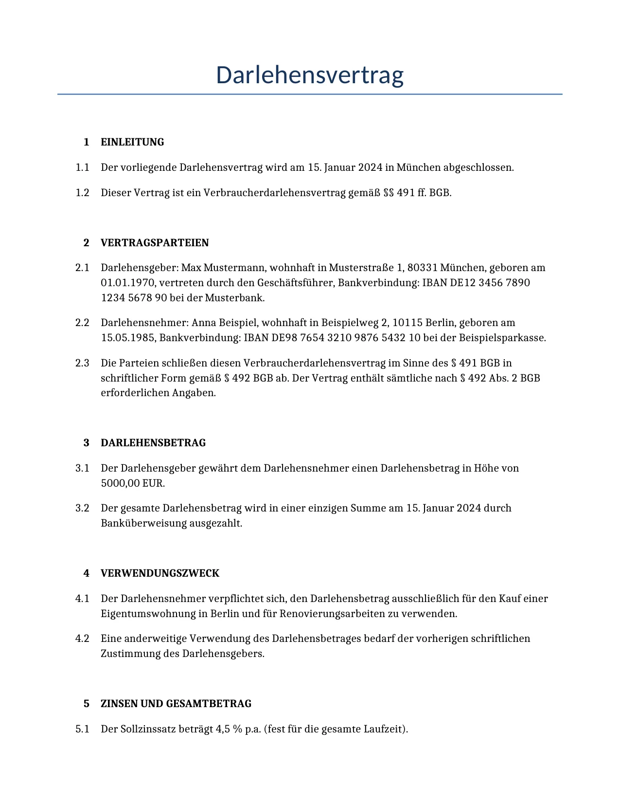 Beispiel für einen Darlehensvertrag zur Verwendung in Deutschland, generiert von unserem KI-Modell.