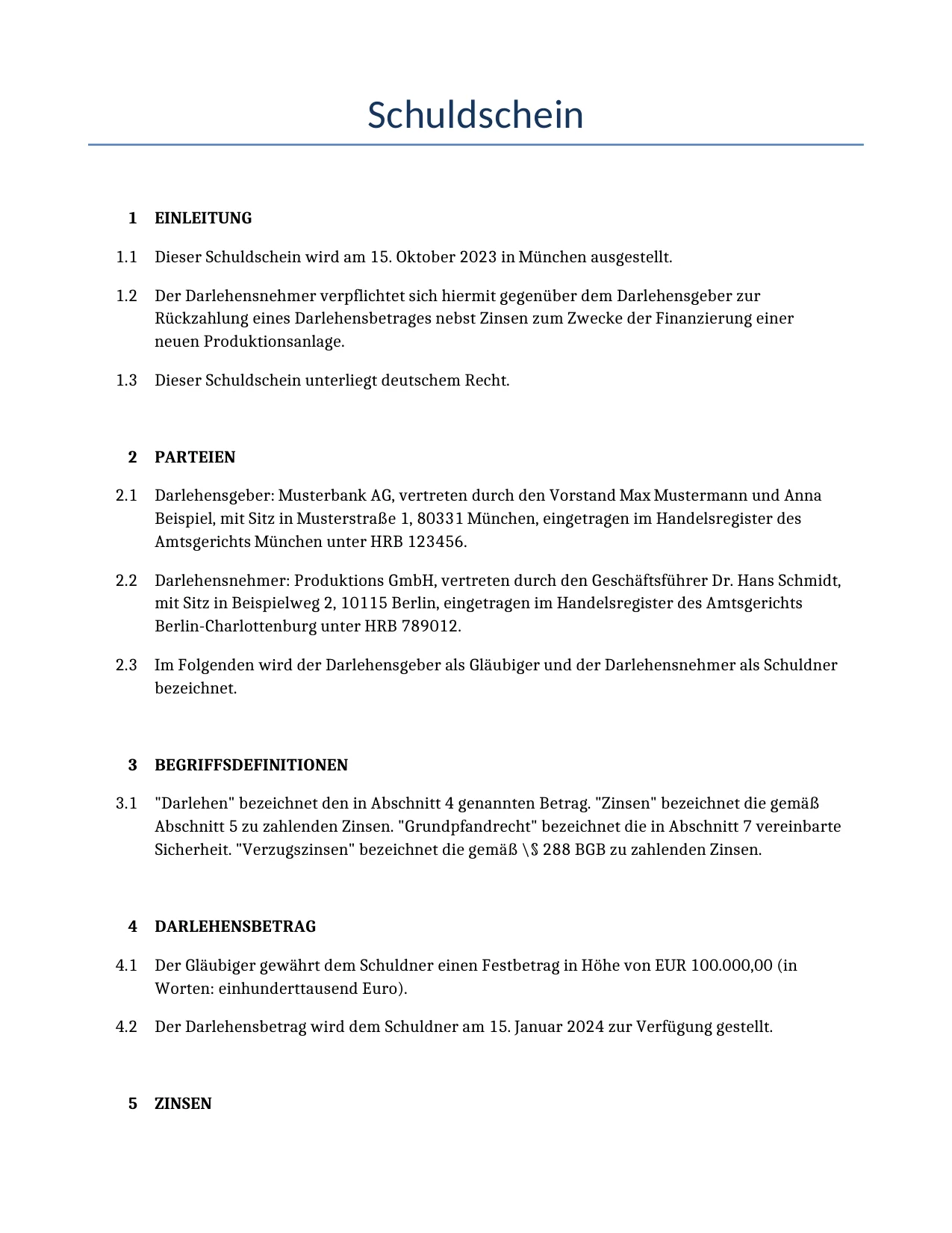 Beispiel für einen Schuldschein zur Verwendung in Deutschland, generiert von unserem KI-Modell.