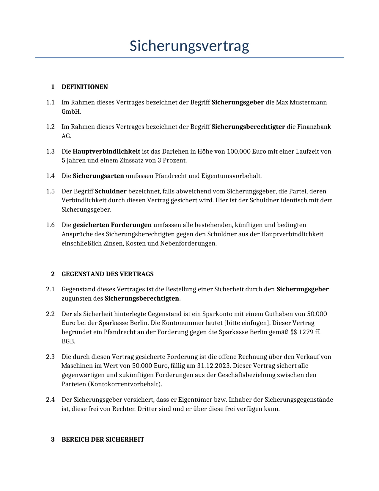 Beispiel für einen Sicherungsvertrag zur Verwendung in Deutschland, generiert von unserem KI-Modell.