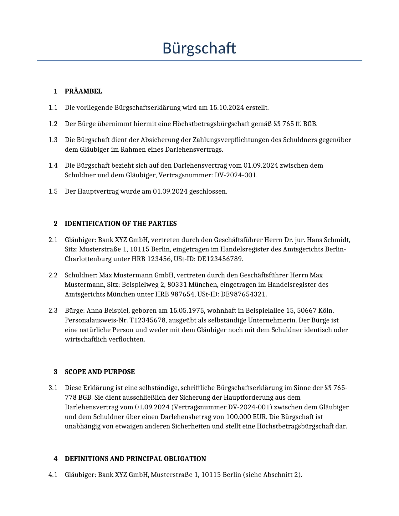 Beispiel für einen Bürgschaft zur Verwendung in Deutschland, generiert von unserem KI-Modell.