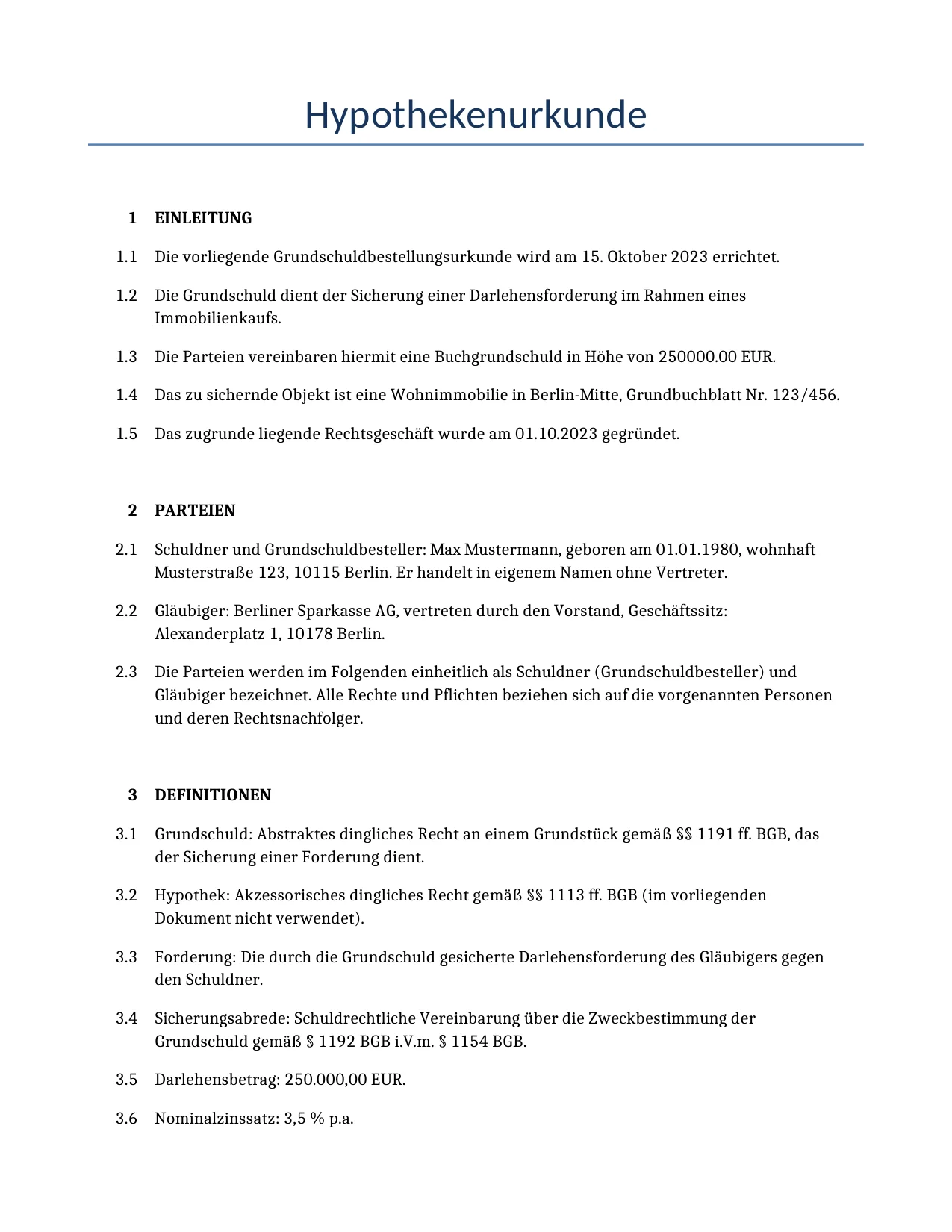 Beispiel für einen Hypothekenurkunde zur Verwendung in Deutschland, generiert von unserem KI-Modell.